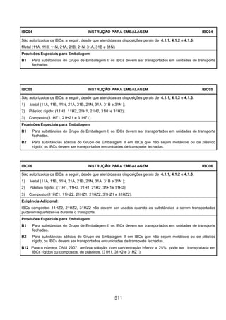 511
IBC04 INSTRUÇÃO PARA EMBALAGEM IBC04
São autorizados os IBCs, a seguir, desde que atendidas as disposições gerais de 4.1.1, 4.1.2 e 4.1.3.
Metal (11A, 11B, 11N, 21A, 21B, 21N, 31A, 31B e 31N)
Provisões Especiais para Embalagem:
B1 Para substâncias do Grupo de Embalagem I, os IBCs devem ser transportados em unidades de transporte
fechadas.
IBC05 INSTRUÇÃO PARA EMBALAGEM IBC05
São autorizados os IBCs, a seguir, desde que atendidas as disposições gerais de 4.1.1, 4.1.2 e 4.1.3.
1) Metal (11A, 11B, 11N, 21A, 21B, 21N, 31A, 31B e 31N );
2) Plástico rígido: (11H1, 11H2, 21H1, 21H2, 31H1e 31H2);
3) Composto (11HZ1, 21HZ1 e 31HZ1).
Provisões Especiais para Embalagem:
B1 Para substâncias do Grupo de Embalagem I, os IBCs devem ser transportados em unidades de transporte
fechadas.
B2 Para substâncias sólidas do Grupo de Embalagem II em IBCs que não sejam metálicos ou de plástico
rígido, os IBCs devem ser transportados em unidades de transporte fechadas.
IBC06 INSTRUÇÃO PARA EMBALAGEM IBC06
São autorizados os IBCs, a seguir, desde que atendidas as disposições gerais de 4.1.1, 4.1.2 e 4.1.3.
1) Metal (11A, 11B, 11N, 21A, 21B, 21N, 31A, 31B e 31N );
2) Plástico rígido:. (11H1, 11H2, 21H1, 21H2, 31H1e 31H2);
3) Composto (11HZ1, 11HZ2, 21HZ1, 21HZ2, 31HZ1 e 31HZ2).
Exigência Adicional:
IBCs compostos 11HZ2, 21HZ2, 31HZ2 não devem ser usados quando as substâncias a serem transportadas
puderem liquefazer-se durante o transporte.
Provisões Especiais para Embalagem:
B1 Para substâncias do Grupo de Embalagem I, os IBCs devem ser transportados em unidades de transporte
fechadas.
B2 Para substâncias sólidas do Grupo de Embalagem II em IBCs que não sejam metálicos ou de plástico
rígido, os IBCs devem ser transportados em unidades de transporte fechadas.
B12 Para o número ONU 2907 amônia solução, com concentração inferior a 25% pode ser transportada em
IBCs rígidos ou compostos, de plásticos, (31H1, 31H2 e 31HZ1).
 