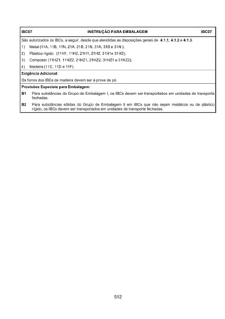 512
IBC07 INSTRUÇÃO PARA EMBALAGEM IBC07
São autorizados os IBCs, a seguir, desde que atendidas as disposições gerais de 4.1.1, 4.1.2 e 4.1.3.
1) Metal (11A, 11B, 11N, 21A, 21B, 21N, 31A, 31B e 31N );
2) Plástico rígido: (11H1, 11H2, 21H1, 21H2, 31H1e 31H2);
3) Composto (11HZ1, 11HZ2, 21HZ1, 21HZ2, 31HZ1 e 31HZ2);
4) Madeira (11C, 11D e 11F).
Exigência Adicional:
Os forros dos IBCs de madeira devem ser à prova de pó.
Provisões Especiais para Embalagem:
B1 Para substâncias do Grupo de Embalagem I, os IBCs devem ser transportados em unidades de transporte
fechadas.
B2 Para substâncias sólidas do Grupo de Embalagem II em IBCs que não sejam metálicos ou de plástico
rígido, os IBCs devem ser transportados em unidades de transporte fechadas.
 