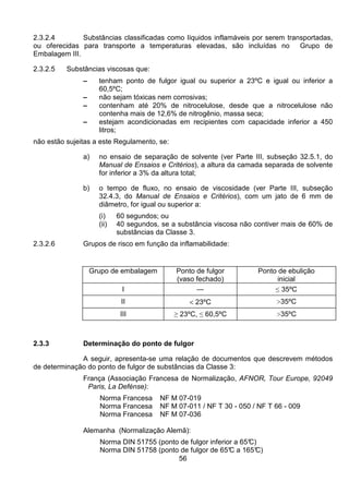 56
2.3.2.4 Substâncias classificadas como líquidos inflamáveis por serem transportadas,
ou oferecidas para transporte a temperaturas elevadas, são incluídas no Grupo de
Embalagem III.
2.3.2.5 Substâncias viscosas que:
– tenham ponto de fulgor igual ou superior a 23ºC e igual ou inferior a
60,5ºC;
– não sejam tóxicas nem corrosivas;
– contenham até 20% de nitrocelulose, desde que a nitrocelulose não
contenha mais de 12,6% de nitrogênio, massa seca;
– estejam acondicionadas em recipientes com capacidade inferior a 450
litros;
não estão sujeitas a este Regulamento, se:
a) no ensaio de separação de solvente (ver Parte III, subseção 32.5.1, do
Manual de Ensaios e Critérios), a altura da camada separada de solvente
for inferior a 3% da altura total;
b) o tempo de fluxo, no ensaio de viscosidade (ver Parte III, subseção
32.4.3, do Manual de Ensaios e Critérios), com um jato de 6 mm de
diâmetro, for igual ou superior a:
(i) 60 segundos; ou
(ii) 40 segundos, se a substância viscosa não contiver mais de 60% de
substâncias da Classe 3.
2.3.2.6 Grupos de risco em função da inflamabilidade:
Grupo de embalagem Ponto de fulgor
(vaso fechado)
Ponto de ebulição
inicial
I — ≤ 35ºC
II < 23ºC >35ºC
III ≥ 23ºC, ≤ 60,5ºC >35ºC
2.3.3 Determinação do ponto de fulgor
A seguir, apresenta-se uma relação de documentos que descrevem métodos
de determinação do ponto de fulgor de substâncias da Classe 3:
França (Associação Francesa de Normalização, AFNOR, Tour Europe, 92049
Paris, La Defénse):
Norma Francesa NF M 07-019
Norma Francesa NF M 07-011 / NF T 30 - 050 / NF T 66 - 009
Norma Francesa NF M 07-036
Alemanha (Normalização Alemã):
Norma DIN 51755 (ponto de fulgor inferior a 65°C)
Norma DIN 51758 (ponto de fulgor de 65°C a 165°C)
 