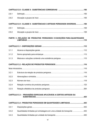 vi
CAPÍTULO 2.8 - CLASSE 8 - SUBSTÂNCIAS CORROSIVAS ...................................................106
2.8.1 Definição.......................................................................................................................106
2.8.2 Alocação a grupos de risco ..........................................................................................106
CAPÍTULO 2.9 - CLASSE 9 - SUBSTÂNCIAS E ARTIGOS PERIGOSOS DIVERSOS................108
2.9.1 Definição.......................................................................................................................108
2.9.2 Alocação a grupos de risco ..........................................................................................108
PARTE 3 - RELAÇÃO DE PRODUTOS PERIGOSOS E EXCEÇÕES PARA QUANTIDADES
LIMITADAS ..................................................................................................................110
CAPÍTULO 3.1 - DISPOSIÇÕES GERAIS ....................................................................................112
3.1.1 Alcance e disposições gerais........................................................................................112
3.1.2 Nome apropriado para embarque .................................................................................113
3.1.3 Misturas e soluções contendo uma substância perigosa ..............................................115
CAPÍTULO 3.2 - RELAÇÃO DE PRODUTOS PERIGOSOS.........................................................116
Nota Introdutória.............................................................................................................................116
3.2.1 Estrutura da relação de produtos perigosos..................................................................116
3.2.2 Abreviações e símbolos................................................................................................118
3.2.3 Número de risco............................................................................................................118
3.2.4 Relação numérica de produtos perigosos.....................................................................123
3.2.5 Relação alfabética de produtos perigosos ....................................................................264
CAPÍTULO 3.3 - PROVISÕES ESPECIAIS APLICÁVEIS A CERTOS ARTIGOS OU
SUBSTÂNCIAS.................................................................................................425
CAPÍTULO 3.4 - PRODUTOS PERIGOSOS EM QUANTIDADES LIMITADAS............................443
3.4.1 Disposições gerais........................................................................................................443
3.4.2 Quantidades limitadas por embalagens em uma unidade de transporte ......................443
3.4.3 Quantidades limitadas por unidade de transporte.........................................................445
 