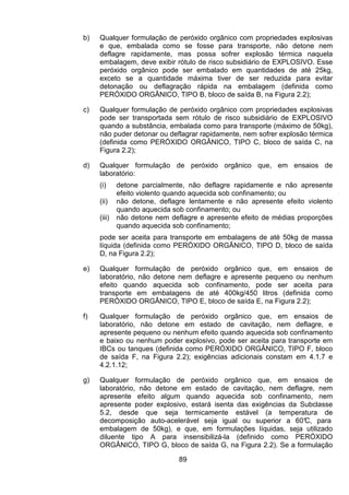 89
b) Qualquer formulação de peróxido orgânico com propriedades explosivas
e que, embalada como se fosse para transporte, não detone nem
deflagre rapidamente, mas possa sofrer explosão térmica naquela
embalagem, deve exibir rótulo de risco subsidiário de EXPLOSIVO. Esse
peróxido orgânico pode ser embalado em quantidades de até 25kg,
exceto se a quantidade máxima tiver de ser reduzida para evitar
detonação ou deflagração rápida na embalagem (definida como
PERÓXIDO ORGÂNICO, TIPO B, bloco de saída B, na Figura 2.2);
c) Qualquer formulação de peróxido orgânico com propriedades explosivas
pode ser transportada sem rótulo de risco subsidiário de EXPLOSIVO
quando a substância, embalada como para transporte (máximo de 50kg),
não puder detonar ou deflagrar rapidamente, nem sofrer explosão térmica
(definida como PERÓXIDO ORGÂNICO, TIPO C, bloco de saída C, na
Figura 2.2);
d) Qualquer formulação de peróxido orgânico que, em ensaios de
laboratório:
(i) detone parcialmente, não deflagre rapidamente e não apresente
efeito violento quando aquecida sob confinamento; ou
(ii) não detone, deflagre lentamente e não apresente efeito violento
quando aquecida sob confinamento; ou
(iii) não detone nem deflagre e apresente efeito de médias proporções
quando aquecida sob confinamento;
pode ser aceita para transporte em embalagens de até 50kg de massa
líquida (definida como PERÓXIDO ORGÂNICO, TIPO D, bloco de saída
D, na Figura 2.2);
e) Qualquer formulação de peróxido orgânico que, em ensaios de
laboratório, não detone nem deflagre e apresente pequeno ou nenhum
efeito quando aquecida sob confinamento, pode ser aceita para
transporte em embalagens de até 400kg/450 litros (definida como
PERÓXIDO ORGÂNICO, TIPO E, bloco de saída E, na Figura 2.2);
f) Qualquer formulação de peróxido orgânico que, em ensaios de
laboratório, não detone em estado de cavitação, nem deflagre, e
apresente pequeno ou nenhum efeito quando aquecida sob confinamento
e baixo ou nenhum poder explosivo, pode ser aceita para transporte em
IBCs ou tanques (definida como PERÓXIDO ORGÂNICO, TIPO F, bloco
de saída F, na Figura 2.2); exigências adicionais constam em 4.1.7 e
4.2.1.12;
g) Qualquer formulação de peróxido orgânico que, em ensaios de
laboratório, não detone em estado de cavitação, nem deflagre, nem
apresente efeito algum quando aquecida sob confinamento, nem
apresente poder explosivo, estará isenta das exigências da Subclasse
5.2, desde que seja termicamente estável (a temperatura de
decomposição auto-acelerável seja igual ou superior a 60°C, para
embalagem de 50kg), e que, em formulações líquidas, seja utilizado
diluente tipo A para insensibilizá-la (definido como PERÓXIDO
ORGÂNICO, TIPO G, bloco de saída G, na Figura 2.2). Se a formulação
 