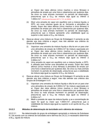 99
ar. Expor dez ratos albinos (cinco machos e cinco fêmeas) à
atmosfera de ensaio por uma hora e observá-los por quatorze dias.
Se cinco ou mais animais morrerem no período de observação,
presume-se que a CL50 da mistura seja igual ou inferior a
1.000ml/m3
; (Alterado pela Resolução ANTT n.º 701, de 25/8/04)
(ii) Diluir uma amostra do vapor em equilíbrio com a mistura líquida, a
20ºC, em nove volumes iguais de ar, formando a atmosfera de
ensaio. Expor dez ratos albinos (cinco machos e cinco fêmeas) à
atmosfera de ensaio por uma hora e observá-los por quatorze dias.
Se cinco ou mais animais morrerem no período de observação,
presume-se que a mistura apresente uma volatilidade igual ou
superior a dez vezes a CL50 da mistura;
b) Deve-se alocar uma mistura ao Grupo de Embalagem II somente se ela
atender aos dois critérios a seguir, mas não atender aos critérios do
Grupo de Embalagem I:
(i) Vaporizar uma amostra da mistura líquida e diluí-la em ar para criar
uma atmosfera de ensaio de 3.000ml/m
3
de mistura vaporizada em
ar. Expor dez ratos albinos (cinco machos e cinco fêmeas) à
atmosfera de ensaio por uma hora e observá-los por quatorze dias.
Se cinco ou mais animais morrerem no período de observação,
presume-se que a CL50 da mistura seja igual ou inferior a
3.000ml/m
3
;
(ii) Uma amostra do vapor em equilíbrio com a mistura líquida, a 20ºC,
é utilizada para formar uma atmosfera de ensaio. Expor dez ratos
albinos (cinco machos e cinco fêmeas) à atmosfera de ensaio por
uma hora e observá-los por quatorze dias. Se cinco ou mais animais
morrerem no período de observação, presume-se que a volatilidade
da mistura seja igual ou superior à CL50 da mistura;
c) Deve-se alocar uma mistura ao Grupo de Embalagem III somente se ela
atender aos dois critérios a seguir, mas não atender aos critérios dos
Grupos de Embalagem I e II:
(i) Vaporizar uma amostra da mistura líquida e diluí-la em ar para criar
uma atmosfera de ensaio de 5.000ml/m
3
de mistura vaporizada em
ar. Expor dez ratos albinos (cinco machos e cinco fêmeas) à
atmosfera de ensaio por uma hora e observá-los por quatorze dias.
Se cinco ou mais animais morrerem no período de observação,
presume-se que a CL50 da mistura seja igual ou inferior a
5.000ml/m
3
;
(ii) Medir a pressão de vapor da mistura líquida; e se a concentração de
vapor for igual ou maior que 1.000ml/m
3
, presume-se que a
volatilidade da mistura seja igual ou superior a um quinto da CL50 da
mistura.
2.6.2.3 Métodos de determinação da toxicidade oral e dérmica de misturas
2.6.2.3.1 Na determinação do grupo de embalagem apropriado a misturas da Subclasse
6.1 de acordo com os critérios de toxicidade oral e dérmica de 2.6.2.2, é necessário determinar
a DL50 aguda da mistura.
 