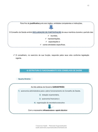 12

Para fins de justificativa junto aos órgãos, entidades competentes e instituições,

O Conselho de Saúde emitirá DECLARAÇÃO DE PARTICIPAÇÃO de seus membros durante o período das:
 reuniões,
 representações,
 capacitações e
 outras atividades específicas.

 O conselheiro, no exercício de sua função, responde pelos seus atos conforme legislação
vigente.

4) ESTRUTURA E FUNCIONAMENTO DOS CONSELHOS DE SAÚDE

Quarta Diretriz:

As três esferas de Governo GARANTIRÃO:
1) autonomia administrativa para o pleno funcionamento do Conselho de Saúde,
2) dotação orçamentária,
3) autonomia financeira e
4) organização da secretaria-executiva

Com a necessária infraestrutura e apoio técnico:

Concursos Saúde – Materiais Esquematizados
saude.materiais.esquematizados@hotmail.com

 