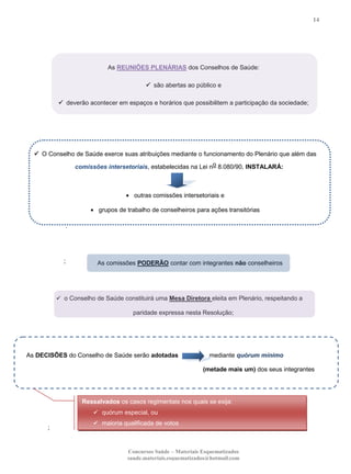 14

As REUNIÕES PLENÁRIAS dos Conselhos de Saúde:
 são abertas ao público e
 deverão acontecer em espaços e horários que possibilitem a participação da sociedade;

 O Conselho de Saúde exerce suas atribuições mediante o funcionamento do Plenário que além das
comissões intersetoriais, estabelecidas na Lei no 8.080/90, INSTALARÁ:

outras comissões intersetoriais e
grupos de trabalho de conselheiros para ações transitórias
.

;

As comissões PODERÃO contar com integrantes não conselheiros

 o Conselho de Saúde constituirá uma Mesa Diretora eleita em Plenário, respeitando a

paridade expressa nesta Resolução;

As DECISÕES do Conselho de Saúde serão adotadas

mediante quórum mínimo
(metade mais um) dos seus integrantes

Ressalvados os casos regimentais nos quais se exija:
 quórum especial, ou

;

 maioria qualificada de votos

Concursos Saúde – Materiais Esquematizados
saude.materiais.esquematizados@hotmail.com

 