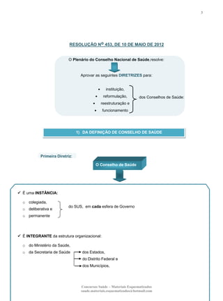 3

RESOLUÇÃO No 453, DE 10 DE MAIO DE 2012

O Plenário do Conselho Nacional de Saúde,resolve:

Aprovar as seguintes DIRETRIZES para:

instituição,
reformulação,

dos Conselhos de Saúde:

reestruturação e
funcionamento

1) DA DEFINIÇÃO DE CONSELHO DE SAÚDE

Primeira Diretriz:
O Conselho de Saúde

 É uma INSTÂNCIA:
o colegiada,
o deliberativa e

do SUS, em cada esfera de Governo

o permanente

 É INTEGRANTE da estrutura organizacional:
o do Ministério da Saúde,
o da Secretaria de Saúde

dos Estados,
do Distrito Federal e
dos Municípios,

Concursos Saúde – Materiais Esquematizados
saude.materiais.esquematizados@hotmail.com

 