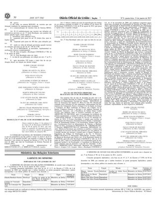 Nº 8, quarta-feira, 11 de janeiro de 201750 ISSN 1677-7042
Este documento pode ser verificado no endereço eletrônico http://www.in.gov.br/autenticidade.html,
pelo código 00012017011100050
Documento assinado digitalmente conforme MP no- 2.200-2 de 24/08/2001, que institui a
Infraestrutura de Chaves Públicas Brasileira - ICP-Brasil.
1
III - graves:
a) dar saída, no sistema RENAVE, de veículos que não
ofereçam condições de segurança para circulação;
b) a comercialização de veículos fora do Sistema RENA-
VE.
Art. 38. O estabelecimento que incorrer nas infrações ad-
ministrativas previstas no art. 37 desta Resolução, sem prejuízo das
demais sanções legais, estará sujeito a:
I - advertência, para infrações leves;
II - suspensão pelo prazo de até 30 (trinta) dias, para in-
frações médias;
III - suspensão pelo prazo de 180 dias, para infrações gra-
ves;
IV - multa no valor da infração gravíssima quando incorrer
nas situações previstas no §5º do art. 330 do CTB.
Art. 39. O DENATRAN, se necessário, regulamentará es-
pecificações técnicas complementares.
Art. 40. Fica revogada a Resolução CONTRAN nº 584, de
23 de março de 2016.
Art. 41. Esta Resolução entra em vigor:
I - na data de sua publicação, em relação aos arts. 1º ao 6º e
40; e
II - após decorridos 120 (cento e vinte) dias de sua pu-
blicação oficial, em relação aos demais artigos.
ELMER COELHO VICENZI
Presidente
PEDRO DE SOUZA DA SILVA
p/Ministério da Justiça e Cidadania
JOÃO PAULO SYLLOS
p/Ministério da Defesa
ALEXANDRE EUZÉBIO DE MORAIS
p/Ministério dos Transportes, Portos e Aviação
Civil
JOSÉ FERNANDO UCHÔA COSTA NETO
p/Ministério da Educação
MARCIO BERALDO VELOSO
p/Ministério do Meio Ambiente
LUIZ OTÁVIO MACIEL MIRANDA
p/Ministério da Saúde
OLAVO DE ANDRADE LIMA NETO
p/Ministério das Cidades
BRUNO CÉSAR PROSDOCIMI NUNES
p/Ministério da Ciência, Tecnologia, Inovações e
Comunicações
NOBORU OFUGI
p/Agência Nacional de Transportes Terrestres
RESOLUÇÃO Nº 656, DE 14 DE DEZEMBRO DE 2016
Altera a tabela da alínea "a" do subitem 4.2
do Anexo IX da Resolução CONTRAN nº
416, de 09 de agosto de 2012, que esta-
belece os requisitos de segurança para veí-
culos de transporte coletivo de passageiros
tipo micro-ônibus da categoria M2.
O CONSELHO NACIONAL DE TRÂNSITO (CONTRAN),
no uso da competência que lhe confere o artigo 12, inciso I, da lei nº
9.503, de 23 de setembro de1997, que instituiu o Código de Trânsito
Brasileiro e nos termos do disposto no Decreto nº 4.711, de 29 de
maio de 2003, que trata da Coordenação do Sistema Nacional de
Trânsito (SNT).
Considerando os processos administrativos nº
80000.035736/2011-07 e nº 80000.101777/2016-03, resolve:
Art. 1º Alterar a tabela que trata da especificação dos limites
de cor (diurna) constante da alínea "a" do subitem 4.2 do Anexo IX
da Resolução CONTRAN nº 416, de 09 de agosto de 2012, que passa
a vigorar com a seguinte redação:
Cor 1 2 3 4
X Y X Y X Y X Y Min. Max.
Vermelha 0.690 0.310 0.595 0.315 0.569 0.341 0.655 0.345 2,5 15
Art. 2º Esta Resolução entra em vigor na data da sua pu-
blicação.
ELMER COELHO VICENZI
Presidente
PEDRO DE SOUZA DA SILVA
p/Ministério da Justiça e Cidadania
RONE EVALDO BARBOSA
p/Ministério dos Transportes, Portos e Aviação
Civil
JOÃO PAULO SYLLOS
p/Ministério da Defesa
PAULO CESAR DE MACEDO
p/Ministério do Meio Ambiente
LUIZ OTÁVIO MACIEL MIRANDA
Ministério da Saúde
OLAVO DE ANDRADE LIMA NETO
p/Ministério das Cidades
THOMAS PARIS CALDELLAS
p/Ministério da Indústria, Comércio Exterior e
Serviços
NOBORU OFUGI
p/Agência Nacional de Transportes Terrestres
ATA DA 152ª REUNIÃO ORDINÁRIA
REALIZADA EM 14 DE DEZEMBRO DE 2016
Aos quatorze dias do mês de dezembro de dois mil e de-
zesseis, o Conselho Nacional de Trânsito - CONTRAN reuniu-se no
Gabinete do Departamento Nacional de Trânsito - DENATRAN, no
Setor de Autarquias Sul, Quadra 01, Bloco H, Sala 501, Brasília-DF,
contando com a presença de seus integrantes, representantes dos Mi-
nistérios dos Transportes, Portos e Aviação Civil; da Saúde; da Justiça
e Cidadania; do Meio Ambiente; da Defesa; das Cidades; da In-
dústria, Comércio Exterior e Serviços e da Agência Nacional de
Transportes Terrestres, sob a Presidência do Senhor Elmer Coelho
Vicenzi, para deliberar sobre os assuntos constantes da pauta. I -
ABERTURA DA REUNIÃO: após a confirmação da existência de
quórum regulamentar, a reunião foi aberta pelo Senhor Presidente. II
- ASSUNTOS GERAIS: 1) Aprovação da Ata da 151ª Reunião Or-
dinária de 2016. 2) Foram convidados à reunião para auxiliar na
apresentação dos Processos: Fernando Ferrazza Nardes, Coordenador-
Geral de Instrumental Jurídico e da Fiscalização; Juliana Lopes Nu-
nes, Coordenadora-Geral de Infraestrutura de Trânsito; e Marilene
Santos da Silva, Assistente do DENATRAN. III - ORDEM DO DIA:
1) Processo: 80000.057977/2011-07; Interessado: DENATRAN; As-
sunto: Minuta de Resolução que estabelece os padrões e critérios para
a instalação de travessia elevada para pedestres em vias públicas. O
Conselho decidiu por retornar o assunto para a Câmara Temática de
Engenharia de Tráfego da Sinalização e da Via. 2) Processo:
80000.114078/2016-15; Interessado: DENATRAN; Assunto: Análise
de Minuta de Resolução que Altera o art. 18 do Regimento Interno do
CONTRAN, aprovado pela Resolução CONTRAN nº 446, de 25 de
junho de 2013. Após as considerações do Coordenador-Geral de Ins-
trumental Jurídico e da Fiscalização, o Conselheiro do Ministério da
Saúde solicitou vista do processo, o que lhe foi concedido. 3) Pro-
cesso: 50000039873/2016; Interessado: Ministério dos Transportes,
Portos e Aviação Civil; Assunto: Altera a Resolução CONTRAN nº
211, de 13 de novembro de 2006, que estabelece requisitos neces-
sários para circulação de Combinações de Veículos de Carga (CVC).
Após a apresentação do Representante do Ministério dos Transportes,
o Conselho decidiu aprovar, por unanimidade, a Resolução CON-
TRAN que recebeu o nº 640/2016, cuja ementa é: "Altera a Re-
solução CONTRAN nº 211, de 13 de novembro de 2006, que es-
tabelece requisitos necessários para circulação de Combinações de
Veículos de Carga (CVC)". 4) Processo: 80000.002199/2015-34; In-
teressado: CGIT/DENATRAN; Assunto: Minuta de Resolução a ser
editada pelo CONTRAN sobre sistema de controle de estabilidade,
nos veículos M2, M3, N2, N3, O3 e O4 novos saídos de fábrica,
nacionais e importados. Após a apresentação dos Pareceres do Mi-
nistério do Meio Ambiente e Ministério da Indústria, Comércio Ex-
terior e Serviços, e ainda das considerações da Coordenadora-Geral
de Infraestrutura de Trânsito, o Conselho decidiu aprovar, por una-
nimidade, a Resolução CONTRAN que recebeu o nº 641/2016, cuja
ementa é: "Dispõe sobre a obrigatoriedade do uso do Sistema de
Controle de Estabilidade, nos veículos M2, M3, N2, N3, O3 e O4
novos saídos de fábrica, nacionais e importados". 5) Processo:
80000.121227/2016-01; Interessado: Volvo do Brasil Veículos Ltda;
Assunto: Análise de Minuta de Resolução que acresce o parágrafo
único ao art. 5º da Resolução CONTRAN nº 468, de 11 de dezembro
de 2013, que dispõe sobre acionadores energizados para janelas ener-
gizadas, teto solar e painel divisor de veículos automotores e dá
outras providências. O Conselheiro representante do Ministério da
Justiça e Cidadania apresentou sua preocupação com a dilatação do
prazo em resoluções aprovadas pelo Conselho. Após as considerações
da Coordenadora-Geral de Infraestrutura de Trânsito, o Conselho de-
cidiu aprovar, por unanimidade, a Resolução CONTRAN que recebeu
o nº 642/2016, cuja ementa é: "Acresce o parágrafo único ao art. 5º
da Resolução CONTRAN nº 468, de 11 de dezembro de 2013, que
dispõe sobre acionadores energizados para janelas energizadas, teto
solar e painel divisor de veículos automotores e dá outras provi-
dências". 6) Processo: 80000.035736/2011-07; Interessado: Randon
Implementos para o Transporte; Assunto: Análise de Minutas de
Resolução que dispõem sobre o emprego de películas retrorrefletivas
em veículos, alterações nas Resoluções nº 416, 445, 593 e 568. Após
as considerações da Coordenadora-Geral de Infraestrutura de Trân-
sito, o Conselho decidiu aprovar, por unanimidade, as Resoluções
CONTRAN que receberam o nº 643/2016, cuja ementa é: "Dispõe
sobre o emprego de película retrorrefletiva em veículos"; nº
644/2016, cuja ementa é: "Altera a tabela da alínea "a" do subitem
4.2 do Anexo IX da Resolução CONTRAN nº 445, de 25 de junho
2013, que estabelece os requisitos de segurança para veículos de
transporte público coletivo de passageiros tipos micro-ônibus e ônibus
da categoria M3"; nº 645/2016, cuja ementa é: "Altera o Anexo I da
Resolução CONTRAN nº 593, de 24 de maio de 2016, que estabelece
as especificações de fabricação e instalação de para-choques traseiros
nos veículos de fabricação ou importados das categorias N2, N3, O3
e O4" e a de nº 646/2016, cuja ementa é "Altera a tabela da alínea "a"
do subitem 4.2 do Anexo IX da Resolução CONTRAN nº 416, de 09
de agosto de 2012, que estabelece os requisitos de segurança para
veículos de transporte coletivo de passageiros tipo micro-ônibus da
categoria M2". Nada mais havendo a tratar, foram encerrados os
trabalhos pelo Senhor Presidente e determinada a lavratura da pre-
sente Ata, que, depois de aprovada, será assinada pelos membros
presentes, representantes de seus respectivos ministérios.
ELMER COELHO VICENZI
Presidente
PEDRO DE SOUZA DA SILVA
p/Ministério da Justiça e Cidadania
RONE EVALDO BARBOSA
p/Ministério dos Transportes, Portos e Aviação
Civil
JOÃO PAULO SYLLOS
p/Ministério da Defesa
PAULO CESAR DE MACEDO
p/Ministério do Meio Ambiente
LUIZ OTÁVIO MACIEL MIRANDA
p/Ministério da Saúde
OLAVO DE ANDRADE LIMA NETO
p/Ministério das Cidades
THOMAS PARIS CALDELLAS
p/Ministério da Indústria, Comércio Exterior e Serviços
NOBORU OFUGI
p/Agência Nacional de Transportes Terrestres
GABINETE DO MINISTRO
PORTARIAS DE 5 DE JANEIRO DE 2017
O MINISTRO DE ESTADO DAS RELAÇÕES EXTERIORES, de acordo com o disposto no
art. 3º da Portaria nº 98, de 24 de janeiro de 2011, resolve:
Conceder passaporte diplomático, com base no art. 6º, § 3º, do Decreto nº 5.978, de 4 de
dezembro de 2006, por entender que o militar brasileiro, ao portar passaporte diplomático, poderá
desempenhar o seu múnus público de maneira mais eficiente, a:
Nome Função Missão Órgão Validade do
passaporte
Eduardo Bonifacio Ferreira Suboficial Auxiliar do Adido de De-
fesa, Naval, do Exército e
Aeronáutico, na Índia
Ministério da Defesa 17/07/2019
Cristina da Conceição
Ferreira
Dependente - Ministério da Defesa 17/07/2019
Thaís da Conceição Fer-
reira
Dependente - Ministério da Defesa 17/07/2019
O MINISTRO DE ESTADO DAS RELAÇÕES EXTERIORES, de acordo com o disposto no
art. 3º da Portaria nº 98, de 24 de janeiro de 2011, resolve:
Conceder passaporte diplomático, com base no art. 6º, § 3º, do Decreto nº 5.978, de 04 de
dezembro de 2006, por entender que o militar brasileiro, ao portar passaporte diplomático, poderá
desempenhar o seu múnus público de maneira mais eficiente, a:
Nome Função Missão Órgão Validade do
passaporte
Marcos Antonio Pessôa
da Silva
Suboficial Auxiliar do Adido Naval,
em Pequim
Ministério da Defesa 03/07/2019
Maria Joseli de Moura
Silva Pessôa
Dependente - Ministério da Defesa 03/07/2019
Maria Clara Silva Pessôa Dependente - Ministério da Defesa 03/07/2019
Miguel José Silva Pessôa Dependente - Ministério da Defesa 03/07/2019
JOSÉ SERRA
Ministério das Relações Exteriores
.
 