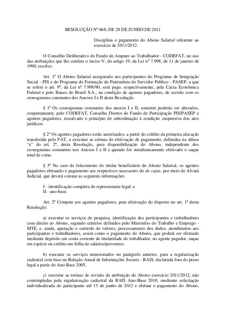 TABELA PIS PASEP 2011/2012 - RESOLUÇÃO CODEFAT 668/2011