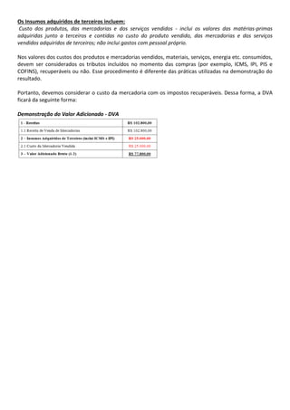 Os Insumos adquiridos de terceiros incluem:
Custo dos produtos, das mercadorias e dos serviços vendidos - inclui os valores das matérias-primas
adquiridas junto a terceiros e contidas no custo do produto vendido, das mercadorias e dos serviços
vendidos adquiridos de terceiros; não inclui gastos com pessoal próprio.
Nos valores dos custos dos produtos e mercadorias vendidos, materiais, serviços, energia etc. consumidos,
devem ser considerados os tributos incluídos no momento das compras (por exemplo, ICMS, IPI, PIS e
COFINS), recuperáveis ou não. Esse procedimento é diferente das práticas utilizadas na demonstração do
resultado.
Portanto, devemos considerar o custo da mercadoria com os impostos recuperáveis. Dessa forma, a DVA
ficará da seguinte forma:
Demonstração do Valor Adicionado - DVA
 