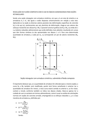 RESOLUÇÃO DA FLEXÃO COMPOSTA COM O USO DE ÁBACOS ADIMENSIONAIS PARA SEÇÕES
RETANGULARES
Sendo uma seção retangular com armadura simétrica, em que y é um eixo de simetria e as
armaduras As e As
’
são iguais e estão dispostas simetricamente em relação a este eixo.
Aplicando-se na seção os diversos valores possíveis das deformações específicas do concreto
(εc) e do aço (εs), pertencentes aos seis domínios de deformação, chega-se aos valores dos
esforços resistentes de cálculo Nd e Md. É possível construir gráficos de Nd x Md, ou então de υ
x μ (valores reduzidos adimensionais que serão definidos mais adiante), resultando em curvas
que têm formas similares às das apresentadas nos ábacos 1 a 6. Para uma determinada
quantidade de armadura, a cada par (εc, εs) corresponde um par de valores resistentes (Nd,
Md).
É importante destacar que, se a quantidade de armadura for alterada (para a mesma seção), a
curva Nd x Md também será modificada, porém terá forma semelhante à anterior (se a
quantidade de armadura for menor, a nova curva estará contida na anterior e, se for maior,
conterá a inicial), conforme também se indica nos ábacos citados. Deve-se apenas ter o
cuidado de usar as variáveis em termos adimendionais, como é usual na análise de solicitações
normais em seções de concreto armado, empregando-se os esforços reduzidos υ, μ e a taxa
mecânica de armadura ω, definidos por:
 υ =
Nd
b∙h∙fcd
;
 μ =
Md
b∙h2∙fcd
;
 ω =
As∙fyd
b∙h∙fcd
;
Sendo:
x
y
As
’
= As
As
b
d’
d’
h
Seção retangular com armadura simétrica, submetida à flexão composta
normal
N
Mx
 