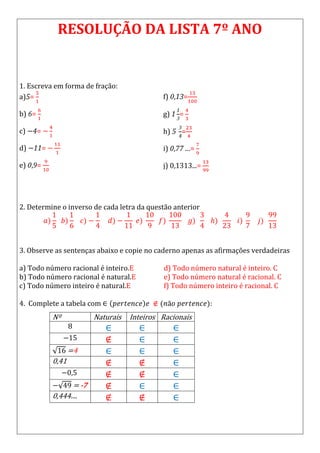 RESOLUÇÃO DA LISTA 7º ANO
1. Escreva em forma de fração:
a) =
b) =
c) =
d) =
e) =
f) =
g) =
h) =
i) =
j) 0,1313...=
2. Determine o inverso de cada letra da questão anterior
3. Observe as sentenças abaixo e copie no caderno apenas as afirmações verdadeiras
a) Todo número racional é inteiro.E
b) Todo número racional é natural.E
c) Todo número inteiro é natural.E
d) Todo número natural é inteiro. C
e) Todo número natural é racional. C
f) Todo número inteiro é racional. C
4. Complete a tabela com :
Nº Naturais Inteiros Racionais
=4
0,41
= -7
0,444....
 