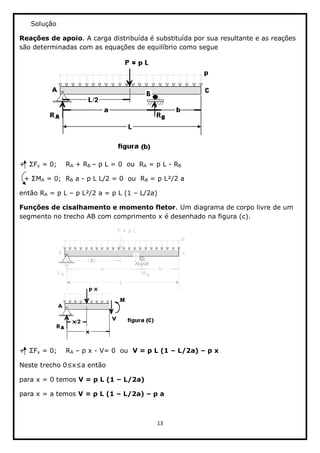 13  
  
Solução  
Reações  de  apoio.  A  carga  distribuída  é  substituída  por  sua  resultante  e  as  reações  
são  determinadas  com  as  equações  de  equilíbrio  como  segue  
                         
y  =  0;;        RA  +  RB     p  L  =  0    ou    RA  =  p  L  -­  RB    
     A  =  0;;    RB  a  -­  p  L  L/2  =  0    ou    RB  =  p  L²/2  a    
então  RA  =  p  L     p  L²/2  a  =  p  L  (1     L/2a)  
Funções  de  cisalhamento  e  momento  fletor.  Um  diagrama  de  corpo  livre  de  um  
segmento  no  trecho  AB  com  comprimento  x  é  desenhado  na  figura  (c).  
                                 
y  =  0;;        RA     p  x  -­  V=  0    ou    V  =  p  L  (1     L/2a)     p  x    
  
para  x  =  0  temos  V  =  p  L  (1     L/2a)  
para  x  =  a  temos  V  =  p  L  (1     L/2a)     p  a        
 