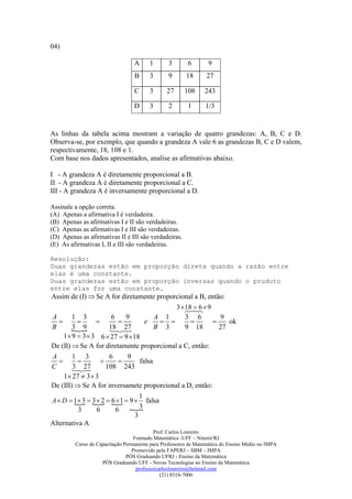04)

                                  A     1       3        6       9
                                  B     3       9       18       27

                                  C     3       27     108      243

                                  D     3       2        1      1/3


As linhas da tabela acima mostram a variação de quatro grandezas: A, B, C e D.
Observa-se, por exemplo, que quando a grandeza A vale 6 as grandezas B, C e D valem,
respectivamente, 18, 108 e 1.
Com base nos dados apresentados, analise as afirmativas abaixo.

I - A grandeza A é diretamente proporcional a B.
II - A grandeza A é diretamente proporcional a C.
III - A grandeza A é inversamente proporcional a D.

Assinale a opção correta.
(A) Apenas a afirmativa I é verdadeira.
(B) Apenas as afirmativas I e II são verdadeiras.
(C) Apenas as afirmativas I e III são verdadeiras.
(D) Apenas as afirmativas II e III são verdadeiras.
(E) As afirmativas I, II e III são verdadeiras.

Resolução:
Duas grandezas estão em proporção direta quando a razão entre
elas é uma constante.
Duas grandezas estão em proporção inversas quando o pruduto
entre elas for uma constante.
Assim de (I)  Se A for diretamente proporcional a B, então:
                                             3 18  9
                                                 6
                                                  
A       1 3            6    9           A 1     3 6        9
                                e                     ok
B       3 9
                     18 
                       27
                                      B 3     9 18       27
     1 9  3  3 6  27  9 18
De (II)  Se A for diretamente proporcional a C, então:
A       1 3           6      9
                              falsa
C       3 27
                  108 243
     1 27  3  3
De (III)  Se A for inversamete proporcional a D, então:
                                  1
A  D  1 3  3  2  6 1  9  falsa
           
          3      6       6       3
                                3
Alternativa A
                                           Prof. Carlos Loureiro
                                  Formado Matemática -UFF – Niterói/RJ
         Curso de Capacitação Permanente para Professores de Matemática do Ensino Médio no IMPA
                                 Promovido pela FAPERJ – SBM – IMPA
                               PÓS Graduando UFRJ - Ensino da Matemática
                    PÓS Graduando UFF - Novas Tecnologias no Ensino da Matemática
                                   professorcarlosloureiro@hotmail.com
                                              (21) 8518-7006
 