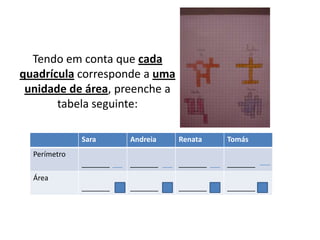 Tendo em conta que cada quadrícula corresponde a uma unidade de área, preenche a tabela seguinte:
