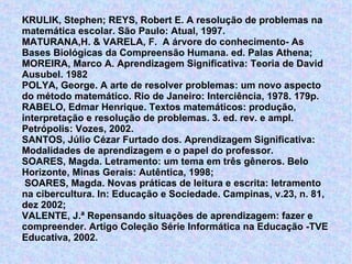 KRULIK, Stephen; REYS, Robert E. A resolução de problemas na matemática escolar. São Paulo: Atual, 1997.  MATURANA,H. & VARELA, F.  A árvore do conhecimento- As Bases Biológicas da Compreensão Humana. ed. Palas Athena; MOREIRA, Marco A. Aprendizagem Significativa: Teoria de David Ausubel. 1982 POLYA, George. A arte de resolver problemas: um novo aspecto do método matemático. Rio de Janeiro: Interciência, 1978. 179p. RABELO, Edmar Henrique. Textos matemáticos: produção, interpretação e resolução de problemas. 3. ed. rev. e ampl. Petrópolis: Vozes, 2002.  SANTOS, Júlio Cézar Furtado dos. Aprendizagem Significativa: Modalidades de aprendizagem e o papel do professor. SOARES, Magda. Letramento: um tema em três gêneros. Belo Horizonte, Minas Gerais: Autêntica, 1998;   SOARES, Magda. Novas práticas de leitura e escrita: letramento na cibercultura. In: Educação e Sociedade. Campinas, v.23, n. 81, dez 2002; VALENTE, J.ª Repensando situações de aprendizagem: fazer e compreender. Artigo Coleção Série Informática na Educação -TVE Educativa, 2002. 