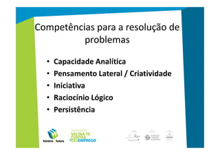 Competências para a resolução de
          problemas

  •   Capacidade Analítica
  •   Pensamento Lateral / Criatividade
  •   Iniciativa
  •   Raciocínio Lógico
  •   Persistência
 