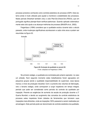 12
processo produtivo conhecido como controle estatístico do processo (CEP). Este sis-
tema ainda é muito utilizado para ajudar a monitorar a estabilidade dos processos.
Neste período Shewhart também criou o ciclo Plan-Do-Check-Act (PDCA), que em
português significa planejar-fazer-verificar-padronizar. Quando aplicado sistematica-
mente este ciclo ajuda a se alcançar melhorias de processo (BAUER et al., 2002).
Feigenbaun (1994) considera que a qualidade evoluiu durante todo o século
passado, onde mudanças significativas aconteceram a cada vinte anos e podem ser
resumidas na figura 02.
Figura 02- Evolução da qualidade no seculo XX.
Fonte: adaptado de Feigenbaun (1994)
No primeiro estágio, a qualidade era controlada pelo próprio operador, no caso
um artesão. Num segundo momento estes trabalhadores foram agrupados em
pequenos grupos sendo a qualidade responsabilidade do supervisor, essa época
marcou o inicio da produção industrial. Com o aumento dos volumes de fabricação,
veio o terceiro estágio, onde começaram a surgir inspetores em tempo integral,
periodo que pode ser considerado como período do controle da qualidade por
inspeção. Perante as exigências de aumento de escala de produção durante a 2°
Guerra Mundial, e devido ao surgimento dos conceitos de controle estatísticos de
processo estes inspetores foram dotados de ferramentas que tornaram suas
inspeções mais eficientes, onde as inspeções 100% passaram a serem realizadas por
amostragem. Este período pode ser denominado de controle estatístico da qualidade,
 