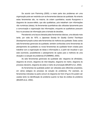 17
De acordo com Flemming (2005), a maior parte dos problemas em uma
organização pode ser resolvida com as ferramentas básicas da qualidade. No entanto
estas ferramentas são, na maioria, de ordem quantitativa, exceto fluxograma e
diagrama de causa-e-efeito, que são qualitativas, pois trabalham com informações
não numéricas (ideias). As ferramentas quantitativas são utilizadas tipicamente para
a comunicação e organização das informações, enquanto as qualitativas possuem
foco no processo de informação para a tomada de decisões.
Percebendo uma lacuna deixada pelas ferramentas básicas, uma década mais
tarde, por volta de 1970, a Japanese Society for Quality Control Tecnhique
Development propôs outras sete ferramentas de melhoria da qualidade. Estas outras
sete ferramentas gerenciais da qualidade, também conhecidas como ferramentas do
planejamento da qualidade ou novas ferramentas da qualidade foram criadas para
trabalhar com a organização de ideias e informações e, a partir dai visualizar o que
está ocorrendo, possibilitando o planejamento de ações para a melhoria de uma
situação e a solução de problemas (FLEMMING, 2005).
As sete ferramentas gerenciais da qualidade são: diagrama de afinidades,
diagrama de árvore, diagrama de inter-relações, diagrama de matriz, diagrama do
processo decisório, diagrama de setas e matriz de priorização (BAUER et al., 2002).
As ferramentas da qualidade podem ser utilizadas para diferentes propósitos,
em vários estágios do processo de solução de problemas. Por exemplo, as
ferramentas indicadas na parte comum do diagrama de Venn (Figura 03) podem ser
usadas tanto na identificação do problema quanto na fase de análise do problema
(BAUER et al., 2002).
 