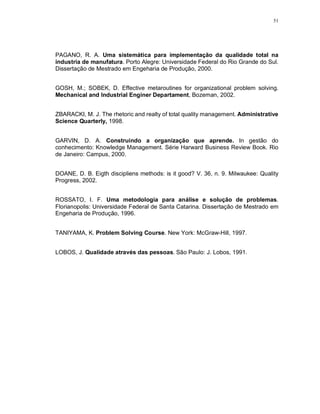 51
PAGANO, R. A. Uma sistemática para implementação da qualidade total na
industria de manufatura. Porto Alegre: Universidade Federal do Rio Grande do Sul.
Dissertação de Mestrado em Engeharia de Produção, 2000.
GOSH, M.; SOBEK, D. Effective metaroutines for organizational problem solving.
Mechanical and Industrial Enginer Departament, Bozeman, 2002.
ZBARACKI, M. J. The rhetoric and realty of total quality management. Administrative
Science Quarterly, 1998.
GARVIN, D. A. Construindo a organização que aprende. In gestão do
conhecimento: Knowledge Management. Série Harward Business Review Book. Rio
de Janeiro: Campus, 2000.
DOANE, D. B. Eigth discipliens methods: is it good? V. 36, n. 9. Milwaukee: Quality
Progress, 2002.
ROSSATO, I. F. Uma metodologia para análise e solução de problemas.
Florianopolis: Universidade Federal de Santa Catarina. Dissertação de Mestrado em
Engeharia de Produção, 1996.
TANIYAMA, K. Problem Solving Course. New York: McGraw-Hill, 1997.
LOBOS, J. Qualidade através das pessoas. São Paulo: J. Lobos, 1991.
 