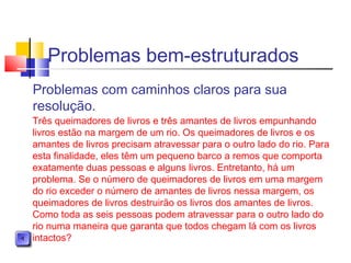 Problemas bem-estruturados
Problemas com caminhos claros para sua
resolução.
Três queimadores de livros e três amantes de livros empunhando
livros estão na margem de um rio. Os queimadores de livros e os
amantes de livros precisam atravessar para o outro lado do rio. Para
esta finalidade, eles têm um pequeno barco a remos que comporta
exatamente duas pessoas e alguns livros. Entretanto, há um
problema. Se o número de queimadores de livros em uma margem
do rio exceder o número de amantes de livros nessa margem, os
queimadores de livros destruirão os livros dos amantes de livros.
Como toda as seis pessoas podem atravessar para o outro lado do
rio numa maneira que garanta que todos chegam lá com os livros
intactos?
 
