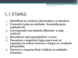 1.1 ETAPAS:Identificar as variáveis (fornecidas e a calcular);Converter todas as unidades  fornecidas para unidades SI;Corresponder um símbolo diferente  a cada variável;Reconhecer a(s) equação(ões)  a usar;Encontrar a sequência lógica para usar as equações na ordem correcta e chegar ao resultado pretendido;Escrever a resposta final e indicar as unidades correctas.IDF - 2010/20116