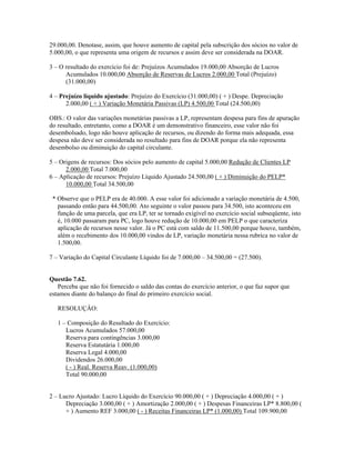 29.000,00. Denotase, assim, que houve aumento de capital pela subscrição dos sócios no valor de
5.000,00, o que representa uma origem de recursos e assim deve ser considerada na DOAR.

3 – O resultado do exercício foi de: Prejuízos Acumulados 19.000,00 Absorção de Lucros
      Acumulados 10.000,00 Absorção de Reservas de Lucros 2.000,00 Total (Prejuízo)
      (31.000,00)

4 – Prejuízo líquido ajustado: Prejuízo do Exercício (31.000,00) ( + ) Despe. Depreciação
      2.000,00 ( + ) Variação Monetária Passivas (LP) 4.500,00 Total (24.500,00)

OBS.: O valor das variações monetárias passivas a LP, representam despesa para fins de apuração
do resultado, entretanto, como a DOAR é um demonstrativo financeiro, esse valor não foi
desembolsado, logo não houve aplicação de recursos, ou dizendo do forma mais adequada, essa
despesa não deve ser considerada no resultado para fins de DOAR porque ela não representa
desembolso ou diminuição do capital circulante.

5 – Origens de recursos: Dos sócios pelo aumento de capital 5.000,00 Redução de Clientes LP
      2.000,00 Total 7.000,00
6 – Aplicação de recursos: Prejuízo Líquido Ajustado 24.500,00 ( + ) Diminuição do PELP*
      10.000,00 Total 34.500,00

 * Observe que o PELP era de 40.000. A esse valor foi adicionado a variação monetária de 4.500,
   passando então para 44.500,00. Ato seguinte o valor passou para 34.500, isto aconteceu em
   função de uma parcela, que era LP, ter se tornado exigível no exercício social subseqüente, isto
   é, 10.000 passaram para PC, logo houve redução de 10.000,00 em PELP o que caracteriza
   aplicação de recursos nesse valor. Já o PC está com saldo de 11.500,00 porque houve, também,
   além o recebimento dos 10.000,00 vindos de LP, variação monetária nessa rubrica no valor de
   1.500,00.

7 – Variação do Capital Circulante Líquido foi de 7.000,00 – 34.500,00 = (27.500).


Questão 7.62.
   Perceba que não foi fornecido o saldo das contas do exercício anterior, o que faz supor que
estamos diante do balanço do final do primeiro exercício social.

   RESOLUÇÂO:

   1 – Composição do Resultado do Exercício:
      Lucros Acumulados 57.000,00
      Reserva para contingências 3.000,00
      Reserva Estatutária 1.000,00
      Reserva Legal 4.000,00
      Dividendos 26.000,00
      ( - ) Real. Reserva Reav. (1.000,00)
      Total 90.000,00


2 – Lucro Ajustado: Lucro Líquido do Exercício 90.000,00 ( + ) Depreciação 4.000,00 ( + )
      Depreciação 3.000,00 ( + ) Amortização 2.000,00 ( + ) Despesas Financeiras LP* 8.800,00 (
      + ) Aumento REF 3.000,00 ( - ) Receitas Financeiras LP* (1.000,00) Total 109.900,00
 