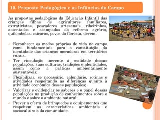 As propostas pedagógicas da Educação Infantil das
crianças filhas de agricultores familiares,
extrativistas, pescadores artesanais, ribeirinhos,
assentados e acampados da reforma agrária,
quilombolas, caiçaras, povos da floresta, devem:
 Reconhecer os modos próprios de vida no campo
como fundamentais para a constituição da
identidade das crianças moradoras em territórios
rurais;
 Ter vinculação inerente à realidade dessas
populações, suas culturas, tradições e identidades,
assim como a práticas ambientalmente
sustentáveis;
 Flexibilizar, se necessário, calendário, rotinas e
atividades respeitando as diferenças quanto à
atividade econômica dessas populações;
 Valorizar e evidenciar os saberes e o papel dessas
populações na produção de conhecimentos sobre o
mundo e sobre o ambiente natural;
 Prever a oferta de brinquedos e equipamentos que
respeitem as características ambientais e
socioculturais da comunidade.
10. Proposta Pedagógica e as Infâncias do Campo
 