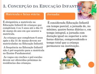 3. CONCEPÇÃO DA EDUCAÇÃO INFANTIL
Matrícula e faixa etária:
É obrigatória a matrícula na
Educação Infantil de crianças que
completam 4 ou 5 anos até o dia 31
de março do ano em que ocorrer a
matrícula.
As crianças que completam 6 anos
após o dia 31 de março devem ser
matriculadas na Educação Infantil.
A frequência na Educação Infantil
não é pré-requisito para a matrícula
no Ensino Fundamental.
As vagas em creches e pré-escolas
devem ser oferecidas próximas às
residências das crianças.
Jornada:
É considerada Educação Infantil
em tempo parcial, a jornada de, no
mínimo, quatro horas diárias e, em
tempo integral, a jornada com
duração igual ou superior a sete
horas diárias, compreendendo o
tempo total que a criança
permanece na instituição.
 