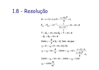 1.8 - Resolução
3
2
21
2
2
2
21
16800
320020000408020000
10
802000080
80
80
4040
40
2
1010
2
10
10
m
N
L
4
0,1
L,
V
A
V)(AVV
:quese-temVVe
V
G
Como
AGG
ATGeAGT
AA
,
FF
L
4
0,1
VeL,A
2
22
2221
21
1
1
2
=γ
+γ=∴×+γ=
×
×π
××π
×+γ=∴×+γ=γ
÷×+×γ=×γ
==γ
×+=∴
×+=×+=
×=×
×
×==
×
×π
=××π=
−
−
µµ
 
