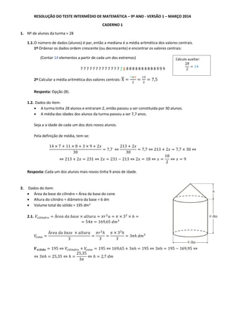 Proposta de resolução do teste intermédio de matemática  9ºano -versão1-março 2014