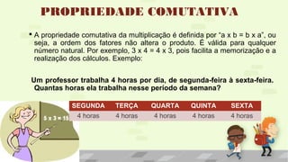 PROPRIEDADE COMUTATIVA
 A propriedade comutativa da multiplicação é definida por “a x b = b x a”, ou
seja, a ordem dos fatores não altera o produto. É válida para qualquer
número natural. Por exemplo, 3 x 4 = 4 x 3, pois facilita a memorização e a
realização dos cálculos. Exemplo:
Um professor trabalha 4 horas por dia, de segunda-feira à sexta-feira.
Quantas horas ela trabalha nesse período da semana?
SEGUNDA TERÇA QUARTA QUINTA SEXTA
4 horas 4 horas 4 horas 4 horas 4 horas
 