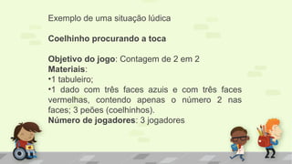Exemplo de uma situação lúdica
Coelhinho procurando a toca
Objetivo do jogo: Contagem de 2 em 2
Materiais:
•1 tabuleiro;
•1 dado com três faces azuis e com três faces
vermelhas, contendo apenas o número 2 nas
faces; 3 peões (coelhinhos).
Número de jogadores: 3 jogadores
 