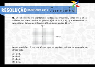 41. Em um sistema de coordenadas cartesianas ortogonais, sendo de 1 cm as
unidades dos eixos, localize os pontos A(–3, 0) e B(3, 0), que determinam as
extremidades da base de triângulos ABC, de áreas iguais a 12 cm².
Nessas condições, é correto afirmar que os possíveis valores da ordenada do
vértice C são
(A) -6 e 6.
(B) -5 e 5.
(C) -4 e 4.
(D) -3 e 3.
RESOLUÇÃO 2016
 