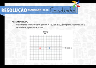ALTERNATIVA C
i. Inicialmente colocam-se os pontos A (-3,0) e B (3,0) no plano. O ponto A é o
vermelho e o ponto B é o azul.
RESOLUÇÃO 2016
 