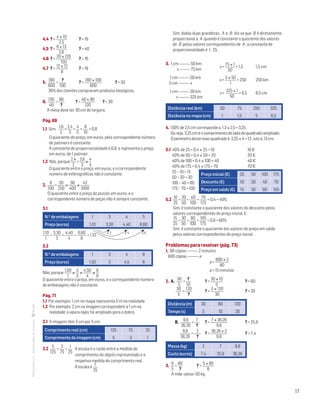 17
MATemática6–Resoluçõesdomanual–
4.4 ? =
4 × 10
2,5
	 ? = 16
4.5 ? =
8 × 13
2,6
	 ? = 40
4.6 ? =
20 × 120
150
	 ? = 16
4.7 ? =
12 × 12
8
	 ? = 18
5.
180
600
=
?
100
	 ? =
180 × 100
600 	
? = 30
30% dos clientes compraram produtos biológicos.
6.
120
40
=
90
?
? =
40 × 90
120
? = 30
A mesa deve ter 30 cm de largura.
Pág. 69
1.1 Sim;
1,6
2
=
2,4
3
=
4
5
=
8
10
= 0,8
O quociente do preço, em euros, pelo correspondente número
de palmiers é constante.
A constante de proporcionalidade é 0,8, e representa o preço,
em euros, de 1 palmier.
1.2 Não, porque
2,4
2
=
3,6
3
≠
4
4
O quociente entre o preço, em euros, e o correspondente
número de esferográficas não é constante.
2.
8
100
=
20
250
≠
30
400
≠
42
1000
O quociente entre o preço do puzzle, em euros, e o
correspondente número de peças não é sempre constante.
3.1
N.o de embalagens 1 3 4 5
Preço (euros) 1,10 3,30 4,40 6,60
1,10
1
=
3,30
3
=
4,40
4
=
6,60
6
= 1,10
3.2
N.o de embalagens 1 3 4 6
Preço (euros) 1,50 3 4,5 6
Não, porque
1,00
1
≠
3
3
≠
4,50
4
≠
6
6
O quociente entre o preço, em euros, e o correspondente número
de embalagens não é constante.
Pág. 71
1.1 Por exemplo: 1 cm no mapa representa 5 m na realidade.
1.2 Por exemplo: 2 cm na imagem correspondem a 1 cm na
realidade; o apara-lápis foi ampliado para o dobro.
2.1 A imagem têm 3 cm por 5 cm.
Comprimento real (cm) 125 75 25
Comprimento da imagem (cm) 5 3 1
2.2
5
125
=
3
75
=
1
25 
A escala é a razão entre a medida do
comprimento do objeto representado e a
respetiva medida do comprimento real.
A escala é
1
25
.
Sim, dadas duas grandezas, A e B , diz-se que B é diretamente
proporcional a A quando é constante o quociente dos valores
de B pelos valores correspondentes de A ; a constante de
proporcionalidade é 1 : 25 .
3. 1 cm 50 km	
x 75 km
1 cm 50 km
5 cm x
1 cm 50 km	
x 325 km
Distância real (km) 50 75 250 325
Distância no mapa (cm) 1 1,5 5 6,5
4. 130% de 2,5 cm corresponde a 1,3 × 2,5 = 3,25 .
Ou seja, 3,25 cm é o comprimento do lado do quadrado ampliado.
O perímetro deste novo quadrado é 3,25 × 4 = 13 , isto é, 13 cm.
5.1 40% de 25 = 0,4 × 25 = 10 	 10 €
40% de 50 = 0,4 × 50 = 20 	 20 €
40% de 100 = 0,4 × 100 = 40 	 40 €
40% de 175 = 0,4 × 175 = 70 	 70 €
25 – 10 = 15
50 – 20 = 30
100 – 40 = 60
175 – 70 = 105
5.2
10
25
=
20
50
=
40
100
=
70
175
= 0,4 = 40%
Sim, é constante o quociente dos valores do desconto pelos
valores correspondentes do preço inicial. E:
15
25
=
30
50
=
60
100
=
105
175
= 0,6 = 60%
Sim, é constante o quociente dos valores do preço em saldo
pelos valores correspondentes do preço inicial.
Problemas para resolver (pág. 73)
1. 80 cópias 2 minutos
600 cópias a
a =
600 × 2
80
a = 15 minutos
2. A.
30
5
=
?
10	
? =
30 × 10
5
	 ? = 60
30
5
=
120
? 	
? =
5 × 120
30
	 ? = 20
Distância (m) 30 60 120
Tempo (s) 5 10 20
B.
9,8
36,26
=
7
? 	
? =
7 × 36,26
9,8
	 ? = 25,9
9,8
36,26
=
2
? 	
? =
36,26 × 2
9,8
	 ? = 7,4
Massa (kg) 2 7 9,8
Custo (euros) 7,4 25,9 36,26
3.
8
5
=
80
?
? =
5 × 80
8
A mãe «pesa» 50 kg.
x =
75 × 1
50
= 1,5	 1,5 cm
x =
5 × 50
1
= 250	 250 km
x =
325 × 1
50
= 6,5	 6,5 cm
Preço inicial (€) 25 50 100 175
Desconto (€) 10 20 40 70
Preço em saldo (€) 15 30 60 105
× 3 × 4 × 6
 