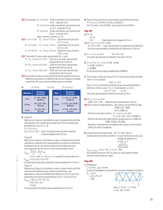 25
MATemática6–Resoluçõesdomanual–
3.1 Por exemplo: A – d ≈ 2 cm então o perímetro será próximo de
6 cm – triplo de 2 cm
B – d ≈ 1,5 cm então o perímetro será próximo de
4,5 cm – triplo de 1,5 cm
C – d ≈ 3 cm então o perímetro será próximo de
9 cm – triplo de 3 cm
(para estimar, usamos π ≈ 3 )
3.2 A – d = 1,7 cm	 P = d × π = 1,7 × π	O perímetro do círculo A
é 1,7 × π cm.
B – d = 1,3 cm	 P = d × π = 1,3 × π	O perímetro do círculo B
é 1,3 × π cm.
C – d = 3,2 cm	 P = d × π = 3,2 × π	O perímetro do círculo C
é 3,2 × π cm.
3.3 Tomando 3,14 para valor aproximado de π , vem:
A – P = d × π ≈ 1,7 × 3,14 	5,34 cm é um valor aproximado
do perímetro do círculo A.
B – P = d × π ≈ 1,3 × 3,14 	4,08 cm é um valor aproximado
do perímetro do círculo B.
C – P = d × π ≈ 3,2 × 3,14	10,05 cm é um valor aproximado
do perímetro do círculo C.
3.4 Os perímetros dos círculos são diretamente proporcionais aos
diâmetros, portanto, se o diâmetro do círculo C passar a metade,
o perímetro do novo círculo também passa a metade.
4.  P = d × π π ≈ 3,14 P = 2 × π × r
Diâmetro
Perímetro
do círculo
Raio
Perímetro
do círculo
9 cm
9 × 3,14 = 28,26 ;
28,26 cm
7 cm
2 × 3,14 × 7 = 43,96 ;
43,96 cm
25 mm
25 × 3,14 = 78,5 ;
78,5 mm
4,5 dm
2 × 3,14 × 4,5 = 28,26 ;
28,26 dm
5 mm
5 × 3,14 = 15,7 ;
15,7 mm
1,5 dm
2 × 3,14 × 1,5 = 9,42 ;
9,42 dm
5. Figura A:
Observa-se a figura e reconhece-se que o comprimento da linha
colorida tem um comprimento igual ao de 1,5 circunferências
de diâmetro 2 cm ( 6 : 3 = 2).
PA = 1,5 × d × π
PA ≈ 1,5 × 2 × 3,14 Isto é, o comprimento da linha colorida
é aproximadamente 9,42 cm.
Figura B:
Observa-se a figura e reconhece-se que o comprimento da linha
colorida é a soma de três comprimentos: da semicircunferência
de diâmetro 6 cm, da semicircunferência de diâmetro 3 cm
e do segmento de reta com 3 cm de comprimento, isto é:
Pfigura =
6 × π
2
+
3 × π
2
+ 3
	 = 3 × π + 1,5π + 3 = 4,5 × π + 3 e usando 3,14 para valor de π :
Pfigura ≈ 4,5 × 3,14 + 3 ≈ 17,13
O comprimento da linha colorida é aproximadamente 17,13 cm.
Figura C:
Observa-se a figura e reconhece-se que o comprimento da linha
colorida é formada por duas semicircunferências, que
equivalem a uma circunferência de diâmetro 1,6 cm, e por três
segmentos de reta de comprimentos 1,6 cm, 1,6 cm e 3,2 cm:
Pfigura = 1,6 × π + 1,6 + 1,6 + 3,2
≈ 1,6 × 3,14 + 6,4
= 11,424
O comprimento da linha é aproximadamente 11,424 cm.
6. Numa volta, percorreu o equivalente ao perímetro da pista:
P = 2 × π ≈ 2 × 3,1416 × 10 isto é, 62,832 m
Em 2,5 voltas, 2,5 × 62,832 , isto é, percorreu 157,08 m.
Pág. 101
1.1 P = 8 l
= 8 × 3
= 24	 O perímetro do octógono é 24 cm.
1.2 P : π = d e π ≈ 3,14 então
24 : 3,14 ≈ 7,64 — valor aproximado às centésimas do diâmetro
Um valor aproximado às centésimas do diâmetro é 7,64 cm.
2. P : π = d e π ≈ 3,14 31,4 : 3,14 = 10
Um valor aproximado do diâmetro do colar é 10 cm.
3. P : π = d , d : 2 = r e π ≈ 3,1416 , então:
r ≈ 37,68 : 3,1416 : 2
r ≈ 5,9969
O raio da piscina é aproximadamente 5,9969 m.
4. Se em duas voltas percorreu 94,2 m, numa volta andou metade,
isto é, 47,1 m, porque:
94,2 : 2 = 47,1
Mas, 47,1 m é o perímetro da pista de que se pretenda saber o
diâmetro. Então, como P : π = d vem (sendo π ≈ 3,14 ):
d ≈ 47,1 : 3,14 d ≈ 15
Um valor aproximado do diâmetro da pista é 15 m.
5.1 P : π = d e π ≈ 3,14
439,6 : 3,14 = 140 — Diâmetro da roda dianteira: 140 cm
5.2 Dez voltas da roda dianteira – dez vezes o seu perímetro, logo:
439,6 × 10 = 4396
isto é, 4396 cm
Perímetro da roda traseira – P = d × π e π ≈ 3,14
P ≈ 42 × 3,14 , isto é, 131,88 cm
Número de voltas da roda traseira quando percorre 4396 cm:
4396 : 131,88 = 33,3333…
Quando a roda dianteira completar dez voltas, a roda traseira
já deu 33 voltas completas.
6. Comprimento da linha verde – 157 : 2 = 78,5 ; 78,5 m
Comprimento da linha vermelha – é o perímetro do círculo cuja
medida do diâmetro é:
d = 157 : π : 2

diâmetro do
círculo grande
Plinha vermelha = d × π = 157 : π : 2 × π = 78,5
Os cavalos percorrem 78,5 m cada um, logo nenhum deles
percorre uma distância maior.
Pág. 103
1. Heptágono:
l7 = 12 mm ; ap7 ≈ 12 mm
A área do heptágono é equivalente à área do retângulo da figura:
A = b × a
	 ≈ 3,5 × 12 × 12				
	 = 504
a
l l l l
2
MAT 6 _ CAP _metas
EE.2011.0004.24.01
DTs_M_c4_6
	 logo b = 3,5 × l , l = 12 mm
	 a = ap ; ap = 12 mm
 