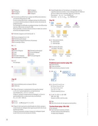 32
MATemática6–Resoluçõesdomanual–
4.1 Triângulo			 4.4 Pentágono
4.2 Pentágono			 4.5 Quadrilátero
4.3 Octógono			 4.6 Eneágono
5. Se é prisma com 80 vértices na base, tem 80 arestas laterais e
um total de 240 arestas (3 × 80).
Se tem na base 80 vértices, o polígono da base tem 80 arestas
e o número total de arestas é o triplo do número de arestas do
polígono da base.
Se é pirâmide com 80 lados no polígono da base, tem 80 arestas
laterais e 160 arestas no total (2 × 80).
Numa pirâmide, o número total de arestas é o dobro do número
de arestas do polígono da base.
6. Pirâmide octogonal com 9 vértices (8 + 1).
7.1 Prisma octogonal (3 × 8 = 24)
7.2 Pirâmide quadrangular
7.3 Pirâmide octogonal (9 vértices e 16 arestas)
7.4 Por exemplo, esfera.
8. n + 2
Pág. 129
1.1 Prisma triângular		 1.6 Pirâmide quadrangular
1.2 Cubo			 1.7 Prisma hexagonal
1.3 Cone			 1.8 Cilindro
1.4 Pirâmide triangular	 1.9 Prisma pentagonal
1.5 Paralelepípedo retângulo
2. A e C.
Por exemplo:
	
Matemática 5º ano
TEEE102C05MA00101
dt2_087d
1prova · 22 Setembro2009
Luis Almeida
3. 
	
Matemática 5º ano
TEEE102C05MA00101
dt2_087e
2prova · 12 Outubro2009
Luis Almeida
Matemática 5º ano
TEEE102C05MA00101
dt2_087e
2prova · 12 Outubro2009
Luis Almeida
Pág. 131
1. C
2.1 A altura (distância entre as bases) é 30 mm.
2.2 É 18,8 mm.
3. A figura B, porque o «comprimento» da superfície lateral
( ≈ 3,4 cm) é aproximadamente o comprimento da
circunferência (P ≈ 3,1 × 1,1 = 3,41 cm).
A figura C, porque o comprimento do retângulo (≈ 1,8 cm) é
aproximadamente o comprimento da circunferência
(P ≈ 3,1 × 0,6 = 1,86 cm).
4.1 2,6 cm
4.2 4,4 cm (4,396 porque P ≈ 1,4 × 3,14)
5. A figura A não representa a planificação do cilindro, porque o
comprimento do retângulo não é igual ao perímetro do círculo
da base do cilindro.
A figura B representa, porque a largura do retângulo é igual
ao perímetro do círculo da base do cilindro.
6. A planificação deve ser formada por um retângulo, que é a
superfície lateral do cilindro, e esse retângulo deve ter 18,84 cm
por 6 cm. Cada círculo, das bases, deve ter 3 cm de raio.
Área lateral: Al = c × l Al ≈ 113,0976 cm2
Área total: At = Al + 2 × Abase At ≈ 169,6464 cm2
Pág. 133
1. 
	
Matemática 5º ano
TEEE102C05MA00101
dt2_089e
2prova · 12 Outubro 2009
Luis Almeida
Cubo
Matemática 5º ano
TEEE102C05MA00101
dt2_089e
2prova · 12 Outubro 2009
Luis Almeida
Paralelepípedo
retângulo
Matemática 5º ano
TEEE102C05MA00101
dt2_089e
2prova · 12 Outubro 2009
Luis Almeida
Prisma
quadrangular
Matemática 5º ano
TEEE102C05MA00101
dt2_089e
2prova · 12 Outubro 2009
Luis Almeida
Pirâmide
quadrangular
2.
	
Matemática 5º ano
TEEE102C05MA00101
dt2_089f
2prova · 12 Outubro2009
Luis Almeida
Matemática 5º ano
TEEE102C05MA00101
dt2_089f
2prova · 12 Outubro2009
Luis Almeida
Matemática 5º ano
TEEE102C05MA00101
dt2_089f
2prova · 12 Outubro2009
Luis Almeida
Vista
frontal
Vista de
topo
Vista lateral
direita
3. A – Vista lateral direita
B – Vista frontal
C – Vista de topo
4.1 Ao sólido R, 20 cubos.
Ao sólido T, 18 cubos.
4.2 
	
Matemática 5º ano
TEEE102C05MA00101
dt2_089g
2prova · 12 Outubro2009
Luis Almeida
Vista
frontal
Vista de
topo
Matemática 5º ano
TEEE102C05MA00101
dt2_089g
2prova · 12 Outubro2009
Luis Almeida
Vista lateral
direita
Matemática 5º ano
TEEE102C05MA00101
dt2_089g
2prova · 12 Outubro2009
Luis Almeida
5. O gato.
Problemas para resolver (pág. 135)
1.1 A face branca.
1.2 A face vermelha.
1.3 As cores branco, amarelo e verde.
2.  A B
	
Matemática 5º ano
TEEE102C05MA00101
dt2_091e
2prova · 12 Outubro 2009
Luis Almeida
Matemática 5º ano
TEEE102C05MA00101
dt2_091e
2prova · 12 Outubro 2009
Luis Almeida
3. A: 2,5 cm; 0,7 cm; 0,7 cm
B: 2,3 cm; 1,2 cm; 0,7 cm
C: 1,1 cm; 1,1 cm; 1,1 cm
2,3 + 2,5 + 1,1 = 5,9
A altura máxima é 5,9 cm.
4. 2 × 64 + 6 × 30 + 4 × 48 = 500
	 500 + 50 = 550
	 Gastam-se 550 cm de fio verde.
5.1 Não.
5.2 São três círculos de raio igual ao raio da esfera.
Tarefas finais (págs. 136 a 139)
1. Por exemplo:
1.1 Tem 6 vértices, 9 arestas e 5 faces.
As faces laterais são quadriláteros.
As bases são triângulos.
 