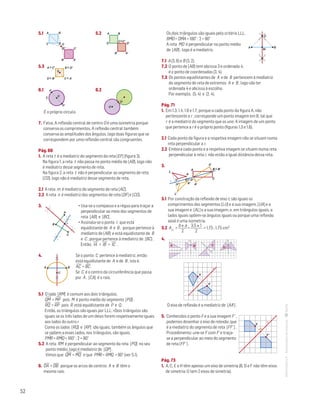 52
MATemática6–Resoluçõesdomanual–
5.1
Mat. 6 – Metas – Volume 1
dt8s_m6_289 — 2.ª prova
15 - 03 - 2014
RCoelho
O
A
C
B
D
D'
B'
C'
A'
	 5.2
Mat. 6 – Metas – Volume 1
dt8s_m6_290 — 1.ª prova
30 - 11 - 2013
RCoelho
A B
D D'
A'B'
C=C'–
5.3
Mat. 6 – Metas – Volume 2
dt8s_m6_291 — 2.ª prova
15 - 03 - 2014
RCoelho
A = C'–
D = B'– C = A'–
–B = D'
O
6.1
Mat. 6 – Metas – Volume 2
dt8s_m6_292 — 2.ª prova
15 - 03 - 2014
RCoelho
O
P
C
P'
	 6.2
Mat. 6 – Metas – Volume 2
dt8s_m6_293 — 2.ª prova
15 - 03 - 2014
RCoelho
O
O'
É o próprio círculo.
7. Falsa. A reflexão central de centro O é uma isometria porque
conserva os comprimentos. A reflexão central também
conserva as amplitudes dos ângulos, logo duas figuras que se
correspondem por uma reflexão central são congruentes.
Pág. 69
1. A reta t é a mediatriz do segmento da reta [EF] (figura 3).
Na figura 1, a reta t não passa no ponto médio de [AB], logo não
é mediatriz desse segmento de reta.
Na figura 2, a reta t não é perpendicular ao segmento de reta
[CD], logo não é mediatriz desse segmento de reta.
2.1 A reta m é mediatriz do segmento de reta [AC].
2.2 A reta n é mediatriz dos segmentos de reta [DF] e [CG].
3.
Mat. 6 – Metas – Volume 2
dt8s_m6_305 — 2.ª prova
15 - 03 - 2014
RCoelho
A
B
C
I
• Usa-se o compasso e a régua para traçar a
perpendicular ao meio dos segmentos de
reta [AB] e [BC] .
• Assinala-se o ponto I , que está
equidistante de A e B , porque pertence à
mediatriz de [AB] e está equidistante de B
e C , porque pertence à mediatriz de [BC] .
Então, IA
—
= IB
—
= IC
—
.
4.
Mat. 6 – Metas – Volume 2
dt8s_m6_306 — 2.ª prova
15 - 03 - 2014
RCoelho
BA
C
Se o ponto C pertence à mediatriz, então
está equidistante de A e de B , isto é,
AC
—
= BC
—
.
Se C é o centro da circunferência que passa
por A , [CA] é o raio.
5.1 O lado [RM] é comum aos dois triângulos.
QM
—
= MP
—
pois M é ponto médio do segmento [PQ] .
RQ
—
= RP
—
pois R está equidistante de P e Q .
Então, os triângulos são iguais por LLL: «Dois triângulos são
iguais se os três lados de um deles forem respetivamente iguais
aos lados do outro.»
Como os lados [RQ] e [RP] são iguais, também os ângulos que
se opõem a esses lados, nos triângulos, são iguais.
PMˆR = RMˆQ = 180° : 2 = 90°
5.2 A reta RM é perpendicular ao segmento da reta [PQ] no seu
ponto médio, logo é mediatriz de [QP] .
Vimos que QM
—
= MQ
—
e que PMˆR = RMˆQ = 90° (ver 5.1).
6. DA
—
= DB
—
porque os arcos de centros A e B têm o
mesmo raio.
Os dois triângulos são iguais pelo critério LLL.
BMˆD = DMˆA = 180° : 2 = 90°		
A reta MD é perpendicular no ponto médio
Mat. 6 – Metas – Volume 2
dt8s_m6_308 — 2.ª prova
15 - 03 - 2014
RCoelho
A B
M
D
de [AB] , logo é a mediatriz.
7.1 A (3, 6) e B (3, 2).
7.2 O ponto de [AB] tem abcissa 3 e ordenada 4;
é o ponto de coordenadas (3, 4).
7.3 Os pontos equidistantes de A e de B pertencem à mediatriz
do segmento de reta de extremos A e B , logo vão ter
ordenada 4 e abcissa à escolha.
Por exemplo, (5, 4) e (2, 4).
Pág. 71
1. Em 1.3, 1.4, 1.6 e 1.7, porque a cada ponto da figura A, não
pertencente a r , corresponde um ponto imagem em B, tal que
r é a mediatriz do segmento que os une. A imagem de um ponto
que pertence a r é o próprio ponto (figuras 1.3 e 1.6).
2.1 Cada ponto da figura e a respetiva imagem não se situam numa
reta perpendicular a r.
2.2 Embora cada ponto e a respetiva imagem se situem numa reta
perpendicular à reta r, não estão a igual distância dessa reta.
3.
t
A
L
A'
A
A'
C
C'
L'
D = D'–
–B = B'
U
U'
Mat. 6 – Metas – Volume 1
dt8s_m6_314 — 2.ª prova
15 - 03 - 2014
RCoelho
3.1 Por construção da reflexão de eixo t, são iguais os
comprimentos dos segmentos [LU] e a sua imagem, [UA] e a
sua imagem e [AL] e a sua imagem, e, em triângulos iguais, a
lados iguais opõem-se ângulos iguais ou porque uma reflexão
axial é uma isometria.
3.2 A =
b × a
2
=
3,5 × 1
2
= 1,75 ; 1,75 cm2
4.
Matemática 6º ano
TEEE112C06MA00101
DT120
2prova · 03 Novembro 2010
Luis Almeida
r
A B C
D
r
r
r
Mat. 6 – Metas – Volume 2
dt8s_m6_319 — 2.ª prova
20 - 03 - 2014
RCoelho
r
A
A'
O eixo de reflexão é a mediatriz de [AA'] .
5. Conhecidos o ponto F e a sua imagem F ',
podemos desenhar o eixo de relexão, que
é a mediatriz do segmento de reta [FF' ] .
Procedimento: une-se F com F' e traça-
se a perpendicular ao meio do segmento
de reta [FF' ] .
Pág. 73
1. A, C, E e H têm apenas um eixo de simetria (B, D e F não têm eixos
de simetria; G tem 2 eixos de simetria).
F '
F
r
Mat. 6 – Metas – Volume 2
dt8s_m6_315 — 2.ª prova
 