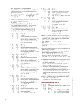 6
MATemática6–Resoluçõesdomanual–
396
198
99
33
11
1
2
2
3
3
11
396 = 22 × 32 × 11
Um divisor de um dos fatores do produto é divisor
do produto.
Então:
1	 2	 22	 Isto é	 1 2 4 são divisores de 396.
1	 3	 32	 Isto é	 1 3 9 são divisores de 396.
1	 11		 Isto é	 1 11 são divisores de 396.
Nota: podíamos ilustrar usando a propriedade:
«O produto de dois números naturais é igual ao produto do seu
máximo divisor comum pelo seu mínimo múltiplo comum.»
Nos exemplos anteriores:
7×9=m.d.c.(7,9)×m.m.c.(7,9)	 3×4=m.d.c.(3,4)×m.m.c.(3,4)
63 = 1 × m.m.c. (7, 9)	 12 = 1 × m.m.c. (3, 4)
m.m.c. (7, 9) = 63	 m.m.c. (3, 4) = 12
4. Vamos usar as propriedades mencionadas nos exercícios 2 e 3
para responder às questões 4.1, 4.2 e 4.3.
Por exemplo:
4.1 40; 40 é múltiplo de 5, então m.m.c. (5, 40) = 40
Ou 8; 5 e 8 são números primos entre si: m.m.c. (5, 8) = 40
4.2 35; 35 é múltiplo de 7, então m.m.c. (7, 35) = 35
Ou 5; 5 e 7 são primos entre si, então m.m.c. (5, 7) = 35
4.3 11; 10 e 11 são primos entre si, então m.m.c. (10, 11) = 110
Ou 110; 110 é múltiplo de 10, então m.m.c. (10, 110) = 110
5.1
5.2
5.3
5.4
5.5
5.6
5.7
5.8
5.9
6. A Ana e o Zé voltam a encontrar-se em casa da avó daqui a um
número de dias que seja simultaneamente múltiplo de 6 e de 8.
Calculemos, então, o menor número de dias possível, isto é, o
mínimo múltiplo comum de 6 e 8:
6 , 12 , 18 , 24 , 30 , …	 m.m.c. (6, 8) = 24
8 , 16 , 24 , 32 , …
24 dias depois de 1 de janeiro, a Ana e o Zé encontrar-se-ão em
casa da avó.
7. Observemos as decomposições em fatores primos dos números
A, B, C e D (B e D incompletas).
Se m.m.c. (A, B) = 22 × 34 , o número 34 tem de ser fator de A ou
B; não é de A, logo tem de ser de B, e B = 22 × 34.
Se m.m.c. (D, C) = 23 × 53 × 72 , os números 53 e 72 têm de ser
fatores de C ou D , e C está completo, logo D = 23 × 53 × 72
m.d.c (A, B) = 22 × 33 = 4 × 27 = 108 e m.d.c. (C, D) = 22 × 52 × 7 = 700
8.1 Por exemplo, utilizamos a propriedade «Se um número natural
é múltiplo de outro, então ele é mínimo múltiplo comum dos
dois números considerados.»
Uma das muitas situações possíveis é 12 e 120, porque 120 é
múltiplo de 12. Logo, m.m.c. (12, 120) = 120
8.2 Por exemplo, utilizamos a propriedade: «O mínimo múltiplo
comum de dois números primos entre si é o seu produto.»
Escolhem-se dois números primos entre si cujo produto seja 28.
Por exemplo, como 28 = 22 × 7, os números pedidos são 4 e 7.
Nota: Como 28 é múltiplo de 2, os números 2 e 28 são também
solução.
Como 28 é múltiplo 14, os números 14 e 28 são também solução.
8.3. 35 = 5 × 7 Observa-se que 5 e 7 são números primos, logo o
m.d.c. (5, 7) = 1 e o m.m.c. (5, 7) = 5 × 7 .
Os números 5 e 7 são os números pedidos.
Problemas para resolver (pág. 23)
1.1
12
6
3
1
2
2
3
88
44
22
11
1
2
2
2
11
100
50
25
5
1
2
2
5
5
32
16
8
4
2
1
2
2
2
2
2
20
10
5
1
2
2
5
18
9
3
1
2
3
3
66
33
11
1
2
3
11
120
60
30
15
5
1
2
2
2
3
5
54
27
9
3
1
2
3
3
3
25
5
1
5
5
12 = 22 × 3
18 = 2 × 32
Multiplicam-se todos os fatores primos,
elevando cada um deles ao maior expoente
com que figura na decomposição em
fatores primos desses números: 22 × 32
m.m.c. (18, 12) = 22 × 32 = 36
88 = 23 × 11
66 = 2 × 3 × 11
Multiplicam-se todos os fatores primos,
elevando cada um deles ao maior expoente
com que figura na decomposição em
fatores primos desses números: 23 × 3 × 11
m.m.c. (88, 66) = 264
100 = 22 × 52
120 = 23 × 3 × 5
Multiplicam-se todos os fatores primos,
elevando cada um deles ao maior expoente
com que figura na decomposição em
fatores primos desses números: 23 × 3 × 52
m.m.c. (100, 120) = 600
32 = 25
54 = 2 × 33
Multiplicam-se todos os fatores primos,
elevando cada um deles ao maior expoente
com que figura na decomposição em
fatores primos desses números: 25 × 33
m.m.c. (32, 54) = 864
20 = 22 × 5
25 = 52
Multiplicam-se todos os fatores primos,
elevando cada um deles ao maior expoente
com que figura na decomposição em
fatores primos desses números: 22 × 52
m.m.c. (20, 25) = 100
120
60
30
15
5
1
2
2
2
3
5
144
72
36
18
9
3
1
2
2
2
2
3
3
120 = 23 × 3 × 5
144 = 24 × 32
Multiplicam-se todos os fatores primos
(comuns e não comuns) com o maior
expoente: 24 × 32 × 5
m.m.c. (120, 144) = 16 × 9 × 5 = 720
20
10
5
1
2
2
5
72
36
18
9
3
1
2
2
2
3
3
20 = 22 × 5
72 = 23 × 32
Multiplicam-se todos os fatores primos
(comuns e não comuns) com o maior
expoente: 23 × 5 × 32
m.m.c. (20, 72) = 23 × 5 × 32 = 8 × 5 × 9 = 360
8
4
2
1
2
2
2
76
38
19
1
2
2
19
125
25
5
1
5
5
5
114
57
19
1
2
3
19
8 = 23
125 = 53
Multiplicam-se todos os fatores primos
(comuns e não comuns) com o maior
expoente: 23 × 53
m.m.c. (8, 125) = 8 × 125 = 1000
76 = 22 × 19
114 = 2 × 3 × 19
Multiplicam-se todos os fatores primos
(comuns e não comuns) com o maior
expoente: 22 × 3 × 19
m.m.c. (76, 114) = 228
 