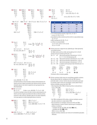 8
MATemática6–Resoluçõesdomanual–
6.1 6.2 6.3 6.4
100 = 22 × 52 1000 = 23 × 53 120 = 23 × 3 × 5 924 = 22 × 3 × 7 × 11
6.5 6.6
250 = 2 × 53 7200 = 25 × 52 × 32
7.1
154 = 2 × 7 × 11 33 = 3 × 11
Ou m.d.c. (154, 33) = 11
7.2
210 = 2 × 5 × 3 × 7 231 = 3 × 7 × 11
Ou m.d.c. (210, 231) = 3 × 7
8.1
m.d.c. (60, 80) = 22 × 5 = 20
O máximo divisor comum de dois números decompostos em
fatores primos é igual ao produto dos fatores primos comuns,
elevado cada um ao menor expoente com que aparece nas
decomposições.
8.2 60 = 22 × 3 × 5
80 = 24 × 5 Então: m.m.c. (60, 80) = 24 × 3 × 5 = 240
O mínimo múltiplo comum de dois números decompostos em
fatores primos é igual ao produto de todos os fatores primos
(comuns e não comuns), elevado cada um ao maior expoente
com que aparece na decomposição desses números.
8.3
8.4 560 = 24 × 5 × 7	 630 = 2 × 32 × 5 × 7
m.m.c. (560, 630) = 24 × 32 × 5 × 7 = 5040
8.5
8.6 125 = 53	 m.m.c. (125, 175) = 53 × 7 = 875
175 = 52 × 7	
9.
(1) 11 e 13 são números primos, logo m.d.c. (11, 13) = 1
e m.m.c. (11, 13) = 11 × 13
(2) escolhem-se dois números primos entre si cujo produto seja
72 = 23 × 32
(3) 80 é múltiplo de 16; 80 = 24 × 5
(4) utiliza-se a propriedade:	
a × b = m.d.c. (a, b) × m.m.c. (a, b)	
42 × b = 14 × 84
10. Vamos procurar o algarismo x , sabendo que 41x representa
um número primo.
Se 41x é número primo, então x não pode ser 0, 2, 4, 6 e 8
porque só há um número primo par, o 2.
Se x = 1 ,	 411	 não é primo porque é divisível por 1, 411 e 3
(4 + 1 + 1 = 6 e 6 é divisível por 3).
Se x = 3 ,	 413	 não é primo porque é divisível por 1, 411, 7 e 59.
Se x = 5 ,	 415	 não é primo porque é divisível por 1, 415 e 5.
Se x = 7 ,	 417	 não é primo porque é divisível por 1, 417 e 3.
Se x = 9 ,	 419	 é número primo porque não é divisível por 2, 3,
5, 7 e 11, e:
419
029
03
13
32
419
079
11
17
24
419
039
01
19
22
419
189
05
23
18
32  13 24  17 22  19 18  23
O número 419 é o número pedido.
11. Os dois cometas serão vistos em simultâneo quando o número
de anos decorridos for múltiplo de 140 e de 700. Como se
pretende saber o menor número de anos necessários para que
os cometas sejam vistos em simultâneo, vamos determinar o
mínimo múltiplo comum de 140 e 700.
• Decompomos 140 e 700 em fatores primos e calculamos o
m.m.c. (140, 700) :
140
70
35
7
1
2
2
5
7
140 = 22 × 5 × 7
700 = 22 × 52 × 7
m.m.c. (140, 700) = 22 × 52 × 7
= 700
700
350
175
35
7
1
2
2
5
5
7
• Ou 700 é múltiplo de 140, então o mínimo múltiplo comum
dos dois números é o maior deles (700).
• Ou escrevemos os múltiplos naturais de 140 e de 700 e
determinamos o menor número natural que é múltiplo de
ambos os números:
– múltiplos de 140: 140, 280, 420, 560, 700, 840,…
– múltiplos de 700: 700, 1400,…
700 é o m.m.c. (140, 700) .
Os dois cometas voltarão a ser vistos em simultâneo passados
700 anos.
154
77
11
1
2
7
11
210
105
21
7
1
2
5
3
7
60
30
15
5
1
2
2
3
5
560
280
140
70
35
7
1
2
2
2
2
5
7
33
11
1
3
11
231
77
11
1
3
7
11
80
40
20
10
5
1
2
2
2
2
5
630
315
105
35
7
1
2
3
3
5
7
Então:
154
33
=
2 × 7 × 11
3 × 11
=
14
3
Então:
210
231
=
2 × 3 × 5 × 7
3 × 7 × 11
=
10
11
154 : 11
33 : 11
=
14
3
210 : 21
231 : 21
=
10
11
60 = 22 × 3 × 5
80 = 24 × 5
560 = 24 × 5 × 7
630 = 2 × 32 × 5 × 7
m.d.c. (560, 630) = 2 × 5 × 7 = 70
125
25
5
1
5
5
5
175
35
7
1
5
5
7
125 = 53
175 = 52 × 7
m.d.c. (125, 175) = 52 = 25
7200
3600
1800
900
450
225
45
9
3
1
2
2
2
2
2
5
5
3
3
250
125
25
5
1
2
5
5
5
100
50
25
5
1
2
2
5
5
120
60
30
15
5
1
2
2
2
3
5
924
462
231
77
11
1
2
2
3
7
11
1000
500
250
125
25
5
1
2
2
2
5
5
5
a b m.d.c. (a, b) m.m.c. (a, b)
11 13 1 143 (1)
8 9 1 72 (2)
16 80 16 80 (3)
42 28 14 84 (4)
 