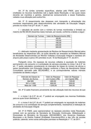 Art. 2º As contas correntes específicas, abertas pelo FNDE, para serem
creditados os recursos transferidos sob a égide desta Resolução, e nas quais esses
deverão ser mantidos e geridos, destinam-se exclusivamente a essas finalidades,
vedada a sua utilização para outros fins.

       Art. 3º O ressarcimento das despesas com transporte e alimentação dos
monitores responsáveis pelo desenvolvimento das atividades de Educação Integral,
previsto no inciso II do § 9° do art. 1º, será:

     I – calculado de acordo com o número de turmas monitoradas e limitado ao
máximo de R$ 300,00 (trezentos reais) mensais, por escola, conforme a tabela a seguir:

                    Número de Turmas       Valor do Ressarcimento (R$)
                           1                          60,00
                           2                         120,00
                           3                         180,00
                           4                         240,00
                           5                         300,00

       II – efetivado mediante apresentação de Recibos de Ressarcimento Mensal pelos
beneficiários às respectivas UEx, os quais deverão ser anexados ao Relatório Mensal
de Atividades Desenvolvidas por Monitor Voltadas à Educação Integral e mantidos em
arquivo pelo prazo e para o fim previstos no art. 16 da Resolução nº 17, de 2011.

       Parágrafo único. Os repasses de recursos voltados à aquisição de materiais
permanente e de consumo e à contratação de serviços previstas no inciso I do § 9° do
art. 1º serão calculados considerando os intervalos de classe do número de alunos a
serem beneficiados com Educação Integral, conforme o Plano de Atendimento Global
Consolidado aprovado pela SECAD/MEC, e os correspondentes valores mensais
constantes da tabela a seguir:

            Intervalo de Classe do        Valor do Repasse       Valor do Repasse
              Número de Alunos             em Custeio (R$)        em Capital (R$)
                    Até 500                    400,00                 100,00
                  501 a 1.000                  800,00                 200,00
                 Mais de 1.000                1.200,00                300,00

         Art. 4º O saldo financeiro proveniente da não utilização total dos recursos de que
trata:

      I - o inciso I do § 9° do art. 1º poderá ser empregado nas mesmas finalidades
para as quais foram liberados; e

       II - o inciso II do § 9° do art. 1º poderá ser empregado na aquisição de materiais
de consumo e na contratação de serviços complementares, necessários à realização de
atividades de Educação Integral.

       Art. 5º O FNDE, para operacionalizar os repasses previstos nesta Resolução,
contará com as parcerias da Secretaria de Educação Continuada, Alfabetização e
Diversidade do Ministério da Educação (SECAD/MEC), dos Governos Estaduais,
Municipais e do Distrito Federal (Entidades Executoras-EEx) e das UEx de escolas
públicas, cabendo, entre outras atribuições previstas na Resolução n° 17, de 2011:
                                                                                         4
 