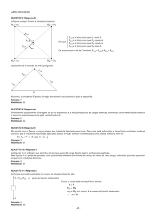 ABRIL EDUCAÇÃO
– 2 –
QUESTÃO 7: Resposta D
A figura a seguir ilustra a situação proposta:
Q1 = +q Q2 = –2q
Q4 = +q Q3 = –2q
F1/A
F2/A
F3/A
F4/A
–q
A
Em que
1442443
F
→
1/A é a força com que Q1 atrai A.
F
→
2/A é a força com que Q2 repele A.
F
→
3/A é a força com que Q3 repele A.
F
→
4/A é a força com que Q4 atrai A.
De acordo com a lei de Coulomb, F1/A = F4/A e F3/A = F2/A.
Aplicando-se o método da linha poligonal:
R
F2/A
F1/A
F3/A
F4/A
Portanto, a resultante R
→
possui direção horizontal e seu sentido é para a esquerda.
Semana: 7
Habilidade: 22
QUESTÃO 8: Resposta A
O fenômeno que permite a filtragem de ar no dispositivo é a atração/repulsão de cargas elétricas, conhecido como eletricidade estática
e descrito quantitativamente pela Lei de Coulomb.
Semana: 6
Habilidade: 22
QUESTÃO 9: Resposta C
De acordo com a figura, a carga possui sua trajetória desviada para cima. Como ela está submetida a duas forças verticais, pode-se
concluir que a resultante das forças aplicadas possui direção vertical e sentido para cima. Dessa maneira, tem-se:
R = Fel – P → R = |q| ⋅ E – m ⋅ g
Semana: 9
Habilidade: 21
QUESTÃO 10: Resposta A
As figuras 1 e 4 indicam que as linhas de campo saem da carga. Sendo assim, ambas são positivas.
Nas figuras 1 e 2 pode-se perceber uma quantidade diferente das linhas de campo ao redor de cada carga, indicando que elas possuem
cargas com módulos distintos.
Semana: 9
Habilidade: 21
QUESTÃO 11: Resposta C
As forças que estão aplicadas no corpo na situação descrita são:
E = PLD (PLD ⇒ peso do líquido deslocado)
P
Como o corpo está em equilíbrio, temos:
E = P
PLD = Mg
mg = Mg, em que m é a massa do líquido deslocado.
∴ m = M
Semana: 4
Habilidade: 20
 