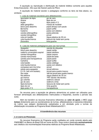 f) aquisição ou reprodução e distribuição de material didático somente para aqueles
Entes Executores - EEx que não fizerem parte do PNLA.
        A aquisição de material escolar e pedagógico conforme os itens da lista abaixo, ou
similares:
      I - Lista de materiais escolares para alfabetizandos
       apontador de lápis               giz de cera
       Arame                            lápis de cor
       Argila                           lápis preto nº 2
       atlas geográfico                 massa de modelar
       bloco para desenho               papel almaço com pauta
       Borracha                         papel sulfite
       Caderno                          pasta com elástico
       caneta esferográfica             pasta polionda
       caneta hidrográfica              pincel
       cola em bastão                   régua plástica de 30 cm
       cola líquida branca              tesoura de metal sem ponta
       Dicionário                       tinta guache

      II - Lista de materiais pedagógicos para uso nas turmas
       Apagador                         pacote de etiquetas
       bloco para desenho               papel cartão
       caderno universitário espiral    papel celofane
       caneta hidrográfica              papel crepom
       caneta marca-texto               papel-de-seda
       caneta para transparência        papel pardo
       Cartolina                        papel sulfite
       cola bastão                      pasta catálogo
       cola líquida branca              pasta com elástico
       compasso sem tira linha          pincel
       estojo para apagador             pincel atômico
       E.V.A. (etil vinil acetato)      pincel para quadro branco
       fita crepe                       refil de pincel para quadro branco
       fita adesiva                     régua plástica de 30 cm
       giz branco                       TNT (tecido não-tecido)
       giz colorido                     estêncil a álcool
       giz de cera                      estêncil a tinta
       lápis-borracha                   tesoura de metal sem ponta
       lápis de cor                     tinta guache
       lápis preto nº 2                 transparência

       Os recursos para a aquisição de gêneros alimentícios só podem ser utilizados para
fornecer alimentação aos alfabetizandos matriculados e freqüentes, durante o período das
aulas.
        Além de transferir os recursos financeiros referentes ao valor de apoio, o MEC paga
bolsas diretamente para os coordenadores de turmas, alfabetizadores e tradutores-intérpretes
de LIBRAS que estejam devidamente cadastrados e em atividade junto a turmas de
alfabetização vinculadas ao Programa Brasil Alfabetizado/2011.

                                A transferência dos recursos

3. A CONTA DO PROGRAMA
       Os recursos financeiros do Programa serão creditados em conta corrente aberta pelo
FNDE/MEC no Banco do Brasil S/A em nome do EEx. Essa conta é destinada exclusivamente
aos créditos e às movimentações financeiras relativas ao Programa Brasil Alfabetizado.


                                                                                          4
 