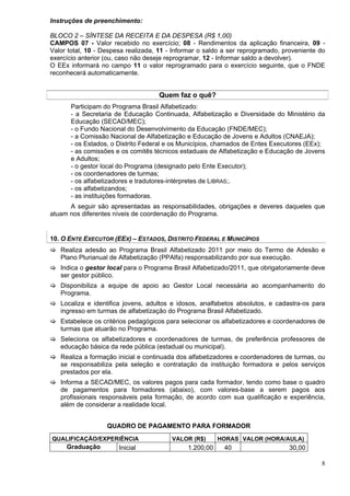 Instruções de preenchimento:

BLOCO 2 – SÍNTESE DA RECEITA E DA DESPESA (R$ 1,00)
CAMPOS 07 - Valor recebido no exercício; 08 - Rendimentos da aplicação financeira, 09 -
Valor total, 10 - Despesa realizada, 11 - Informar o saldo a ser reprogramado, proveniente do
exercício anterior (ou, caso não deseje reprogramar, 12 - Informar saldo a devolver).
O EEx informará no campo 11 o valor reprogramado para o exercício seguinte, que o FNDE
reconhecerá automaticamente.


                                    Quem faz o quê?
       Participam do Programa Brasil Alfabetizado:
       - a Secretaria de Educação Continuada, Alfabetização e Diversidade do Ministério da
       Educação (SECAD/MEC);
       - o Fundo Nacional do Desenvolvimento da Educação (FNDE/MEC);
       - a Comissão Nacional de Alfabetização e Educação de Jovens e Adultos (CNAEJA);
       - os Estados, o Distrito Federal e os Municípios, chamados de Entes Executores (EEx);
       - as comissões e os comitês técnicos estaduais de Alfabetização e Educação de Jovens
       e Adultos;
       - o gestor local do Programa (designado pelo Ente Executor);
       - os coordenadores de turmas;
       - os alfabetizadores e tradutores-intérpretes de LIBRAS;.
       - os alfabetizandos;
       - as instituições formadoras.
      A seguir são apresentadas as responsabilidades, obrigações e deveres daqueles que
atuam nos diferentes níveis de coordenação do Programa.


10. O ENTE EXECUTOR (EEX) – ESTADOS, DISTRITO FEDERAL E MUNICÍPIOS
   Realiza adesão ao Programa Brasil Alfabetizado 2011 por meio do Termo de Adesão e
   Plano Plurianual de Alfabetização (PPAlfa) responsabilizando por sua execução.
   Indica o gestor local para o Programa Brasil Alfabetizado/2011, que obrigatoriamente deve
   ser gestor público.
   Disponibiliza a equipe de apoio ao Gestor Local necessária ao acompanhamento do
   Programa.
   Localiza e identifica jovens, adultos e idosos, analfabetos absolutos, e cadastra-os para
   ingresso em turmas de alfabetização do Programa Brasil Alfabetizado.
   Estabelece os critérios pedagógicos para selecionar os alfabetizadores e coordenadores de
   turmas que atuarão no Programa.
   Seleciona os alfabetizadores e coordenadores de turmas, de preferência professores de
   educação básica da rede pública (estadual ou municipal).
   Realiza a formação inicial e continuada dos alfabetizadores e coordenadores de turmas, ou
   se responsabiliza pela seleção e contratação da instituição formadora e pelos serviços
   prestados por ela.
   Informa a SECAD/MEC, os valores pagos para cada formador, tendo como base o quadro
   de pagamentos para formadores (abaixo), com valores-base a serem pagos aos
   profissionais responsáveis pela formação, de acordo com sua qualificação e experiência,
   além de considerar a realidade local.


                   QUADRO DE PAGAMENTO PARA FORMADOR
QUALIFICAÇÃO/EXPERIÊNCIA                 VALOR (R$)      HORAS VALOR (HORA/AULA)
     Graduação         Inicial                1.200,00    40                    30,00

                                                                                           8
 