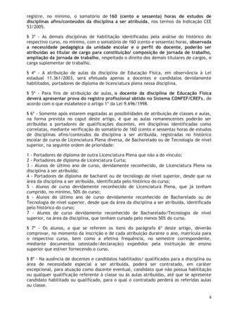 6
registre, no mínimo, o somatório de 160 (cento e sessenta) horas de estudos de
disciplinas afins/conteúdos da disciplina a ser atribuída, nos termos da Indicação CEE
53/2005.
§ 3º - As demais disciplinas de habilitação identificadas pela análise do histórico do
respectivo curso, no mínimo, com o somatório de 160 (cento e sessenta) horas, observada
a necessidade pedagógica da unidade escolar e o perfil do docente, poderão ser
atribuídas ao titular de cargo para constituição/ composição de jornada de trabalho,
ampliação da jornada de trabalho, respeitado o direito dos demais titulares de cargos, e
carga suplementar de trabalho.
§ 4º - A atribuição de aulas da disciplina de Educação Física, em observância à Lei
estadual 11.361/2003, será efetuada apenas a docentes e candidatos devidamente
habilitados, portadores de diploma de licenciatura plena nessa disciplina.
§ 5º - Para fins de atribuição de aulas, o docente da disciplina de Educação Física
deverá apresentar prova do registro profissional obtido no Sistema CONFEF/CREFs, de
acordo com o que estabelece o artigo 1º da Lei 9.696/1998.
§ 6º - Somente após estarem esgotadas as possibilidades de atribuição de classes e aulas,
na forma prevista no caput deste artigo, é que as aulas remanescentes poderão ser
atribuídas a portadores de qualificações docentes, em disciplinas identificadas como
correlatas, mediante verificação do somatório de 160 (cento e sessenta) horas de estudos
de disciplinas afins/conteúdos da disciplina a ser atribuída, registradas no histórico
escolar de curso de Licenciatura Plena diversa, de Bacharelado ou de Tecnologia de nível
superior, na seguinte ordem de prioridade:
1 - Portadores de diploma de outra Licenciatura Plena que não a do vínculo;
2 - Portadores de diploma de Licenciatura Curta;
3 - Alunos de último ano de curso, devidamente reconhecido, de Licenciatura Plena na
disciplina a ser atribuída;
4 - Portadores de diploma de bacharel ou de tecnólogo de nível superior, desde que na
área da disciplina a ser atribuída, identificada pelo histórico do curso;
5 - Alunos de curso devidamente reconhecido de Licenciatura Plena, que já tenham
cumprido, no mínimo, 50% do curso;
6 - Alunos do último ano de curso devidamente reconhecido de Bacharelado ou de
Tecnologia de nível superior, desde que da área da disciplina a ser atribuída, identificada
pelo histórico do curso;
7 - Alunos de curso devidamente reconhecido de Bacharelado/Tecnologia de nível
superior, na área da disciplina, que tenham cursado pelo menos 50% do curso.
§ 7º - Os alunos, a que se referem os itens do parágrafo 6º deste artigo, deverão
comprovar, no momento da inscrição e de cada atribuição durante o ano, matrícula para
o respectivo curso, bem como a efetiva frequência, no semestre correspondente,
mediante documentos (atestado/declaração) expedidos pela instituição de ensino
superior que estiver fornecendo o curso.
§ 8º - Na ausência de docentes e candidatos habilitados/ qualificados para a disciplina ou
área de necessidade especial a ser atribuída, poderá ser contratado, em caráter
excepcional, para atuação como docente eventual, candidato que não possua habilitação
ou qualquer qualificação referente à classe ou às aulas atribuídas, até que se apresente
candidato habilitado ou qualificado, para o qual o contratado perderá as referidas aulas
ou classe.
 
