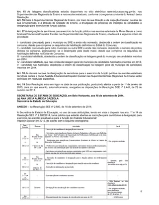Art. 15 As listagens classificatórias estarão disponíveis no sítio eletrônico www.educacao.mg.gov.br, nas 
Superintendências Regionais de Ensino e nas escolas estaduais, conforme cronograma constante do Anexo I desta 
Resolução. 
Art. 16 Cabe à Superintendência Regional de Ensino, por meio de sua Direção e da Inspeção Escolar, na área de 
sua circunscrição, e à Direção da Unidade de Ensino, a divulgação do processo de inscrição de candidatos à 
designação para exercício de função pública. 
Art. 17 A designação de servidores para exercício de função pública nas escolas estaduais de Minas Gerais e como 
Analista Educacional/Inspetor Escolar nas Superintendências Regionais de Ensino, obedecerá a seguinte ordem de 
prioridade: 
I - candidato concursado para o município ou SRE e ainda não nomeado, obedecida a ordem de classificação no 
concurso, desde que comprove os requisitos de habilitação definidos no Edital do Concurso; 
II - candidato concursado para outro município ou outra SRE e ainda não nomeado, obedecido o número de pontos 
obtidos no concurso, promovendo- se o desempate pela idade maior, desde que comprove os requisitos de 
habilitação definidos no Edital do Concurso; 
III - candidato habilitado, obedecida a ordem de classificação na listagem geral do município de candidatos inscritos 
em 2014; 
IV - candidato habilitado, que não consta da listagem geral domunicípio de candidatos habilitados inscritos em2014; 
V - candidato não habilitado, obedecida a ordem de classificação na listagem geral do município de candidatos 
inscritos em 2014. 
Art. 18 As demais normas de designação de servidores para o exercício de função pública nas escolas estaduais 
de Minas Gerais e como Analista Educacional/Inspetor Escolar nas Superintendências Regionais de Ensino serão 
definidas em resolução específica. 
Art. 19 Esta Resolução entra em vigor na data de sua publicação, produzindo efeitos a partir de 1º de janeiro de 
2015, data em que estarão, automaticamente, revogadas as disposições da Resolução SEE nº 2.441, de 22 de 
outubro de 2013. 
SECRETARIA DE ESTADO DE EDUCAÇÃO, em Belo Horizonte, aos 18 de setembro de 2014. 
(a) ANA LÚCIA ALMEIDA GAZZOLA 
Secretária de Estado de Educação 
ANEXO I – da Resolução SEE nº 2.680, de 18 de setembro de 2014. 
A Secretária de Estado de Educação, no uso de suas atribuições, tendo em vista o disposto nos arts. 1º e 14 da 
Resolução SEE nº 2.680/2014, torna público que estarão abertas as inscrições para candidatos à designação para 
exercício nas escolas estaduais e para a função de Analista Educacional/ 
Inspetor Escolar em 2015, de acordo com o seguinte cronograma: 
4 
 