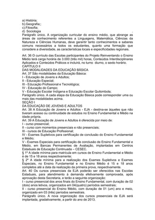 a) História;
b).Geografia;;
c).Filosofia;
d) Sociologia .
Parágrafo único. A organização curricular do ensino médio, que abrange as
áreas de conhecimento referentes a Linguagens, Matemática, Ciências da
Natureza e Ciências Humanas, deve garantir tanto conhecimentos e saberes
comuns necessários a todos os estudantes, quanto uma formação que
considere a diversidade, as características locais e especificidades regionais.
Art. 36 O currículo das Escolas participantes do Projeto Reinventando o Ensino
Médio terá carga horária de 3.000 (três mil) horas, Conteúdos Interdisciplinares
Aplicados e Conteúdos Práticos e incluirá, no turno diurno, o sexto horário.
CAPÍTULO II
DAS MODALIDADES DA EDUCAÇÃO BÁSICA
Art. 37 São modalidades da Educação Básica:
I - Educação de Jovens e Adultos;
II - Educação Especial;
III - Educação Profissional e Tecnológica;
IV - Educação do Campo;
V - Educação Escolar Indígena e Educação Escolar Quilombola;
Parágrafo único. A cada etapa da Educação Básica pode corresponder uma ou
mais das modalidades acima.
SEÇÃO I
DA EDUCAÇÃO DE JOVENS E ADULTOS
Art. 38 A Educação de Jovens e Adultos - EJA - destina-se àqueles que não
tiveram acesso ou continuidade de estudos no Ensino Fundamental e Médio na
idade própria.
Art. 39 A Educação de Jovens e Adultos é oferecida por meio de:
I - curso presencial;
II - curso com momentos presenciais e não presenciais;
III - cursos de Educação Profissional;
IV - Exames Supletivos para certificação de conclusão do Ensino Fundamental
e Médio;
V - Exames Especiais para certificação de conclusão de Ensino Fundamental e
Médio, em Bancas Permanentes de Avaliação, implantadas em Centros
Estaduais de Educação Continuada – CESEC.
§ 1º A idade mínima para matrícula em cursos de Ensino Fundamental e Médio
é de 15 e 18 anos respectivamente;
§ 2º A idade mínima para a realização dos Exames Supletivos e Exames
Especiais, no Ensino Fundamental e no Ensino Médio é 15 e 18 anos
completos até a data da realização da primeira prova, respectivamente.
Art. 40 Os cursos presenciais da EJA poderão ser oferecidos nas Escolas
Estaduais, para atendimento à demanda efetivamente comprovada, após
aprovação desta Secretaria, e terão a seguinte organização:
I - curso presencial dos anos finais do Ensino Fundamental, com duração de 02
(dois) anos letivos, organizados em 04(quatro) períodos semestrais;
II - curso presencial do Ensino Médio, com duração de 01 (um) ano e meio,
organizado em 03 (três) períodos semestrais.
Parágrafo único. A nova organização dos cursos presenciais de EJA será
implantada, gradativamente, a partir do ano de 2013.
 