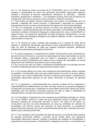 Art. 12. Os sistemas de ensino, nos termos da Lei 10.098/2000 e da Lei 10.172/2001, devem
assegurar a acessibilidade aos alunos que apresentem necessidades educacionais especiais,
mediante a eliminação de barreiras arquitetônicas urbanísticas, na edificação – incluindo
instalações, equipamentos e mobiliário – e nos transportes escolares, bem como de barreiras nas
comunicações, provendo as escolas dos recursos humanos e materiais necessários.
§ 1o Para atender aos padrões mínimos estabelecidos com respeito à acessibilidade, deve ser
realizada a adaptação das escolas existentes e condicionada a autorização de construção e
funcionamento de novas escolas ao preenchimento dos requisitos de infra-estrutura definidos.
§ 2o Deve ser assegurada, no processo educativo de alunos que apresentam dificuldades de
comunicação e sinalização diferenciadas dos demais educandos, a acessibilidade aos conteúdos
curriculares, mediante a utilização de linguagens e códigos aplicáveis, como o sistema Braille e a
língua de sinais, sem prejuízo do aprendizado da língua portuguesa, facultando-lhes e às suas
famílias a opção pela abordagem pedagógica que julgarem adequada, ouvidos os profissionais
especializados em cada caso.

Art. 13. Os sistemas de ensino, mediante ação integrada com os sistemas de saúde, devem
organizar o atendimento educacional especializado a alunos impossibilitados de freqüentar as
aulas em razão de tratamento de saúde que implique internação hospitalar, atendimento
ambulatorial ou permanência prolongada em domicílio.

§ 1o As classes hospitalares e o atendimento em ambiente domiciliar devem dar continuidade ao
processo de desenvolvimento e ao processo de aprendizagem de alunos matriculados em escolas
da Educação Básica, contribuindo para seu retorno e reintegração ao grupo escolar, e
desenvolver currículo flexibilizado com crianças, jovens e adultos não matriculados no sistema
educacional local, facilitando seu posterior acesso à escola regular.
§ 2o Nos casos de que trata este Artigo, a certificação de freqüência deve ser realizada com base
no relatório elaborado pelo professor especializado que atende o aluno.

Art. 14. Os sistemas públicos de ensino serão responsáveis pela identificação, análise, avaliação
da qualidade e da idoneidade, bem como pelo credenciamento de escolas ou serviços, públicos
ou privados, com os quais estabelecerão convênios ou parcerias para garantir o atendimento às
necessidades educacionais especiais de seus alunos, observados os princípios da educação
inclusiva.

Art. 15. A organização e a operacionalização dos currículos escolares são de competência e
responsabilidade dos estabelecimentos de ensino, devendo constar de seus projetos pedagógicos
as disposições necessárias para o atendimento às necessidades educacionais especiais de alunos,
respeitadas, além das diretrizes curriculares nacionais de todas as etapas e modalidades da
Educação Básica, as normas dos respectivos sistemas de ensino.

Art. 16. É facultado às instituições de ensino, esgotadas as possibilidades pontuadas nos Artigos
24 e 26 da LDBEN, viabilizar ao aluno com grave deficiência mental ou múltipla, que não
apresentar resultados de escolarização previstos no Inciso I do Artigo 32 da mesma Lei,
terminalidade específica do ensino fundamental, por meio da certificação de conclusão de
escolaridade, com histórico escolar que apresente, de forma descritiva, as competências
desenvolvidas pelo educando, bem como o encaminhamento devido para a educação de jovens e
adultos e para a educação profissional.

Art. 17. Em consonância com os princípios da educação inclusiva, as escolas das redes regulares
de educação profissional, públicas e privadas, devem atender alunos que apresentem
necessidades educacionais especiais, mediante a promoção das condições de acessibilidade, a
capacitação de recursos humanos, a flexibilização e adaptação do currículo e o encaminhamento

                                                                                                4
 