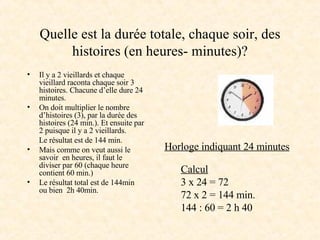 Quelle est la durée totale, chaque soir, des histoires (en heures- minutes)? Il y a 2 vieillards et chaque vieillard raconta chaque soir 3 histoires. Chacune d’elle dure 24 minutes. On doit multiplier le nombre d’histoires (3), par la durée des histoires (24 min.). Et ensuite par 2 puisque il y a 2 vieillards. Le résultat est de 144 min. Mais comme on veut aussi le savoir  en heures, il faut le diviser par 60 (chaque heure contient 60 min.)  Le résultat total est de 144min ou bien  2h 40min. Calcul 3 x 24 = 72 72 x 2 = 144 min. 144 : 60 = 2 h 40 Horloge indiquant 24 minutes 
