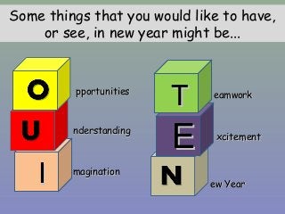 EE
II
Some things that you would like to have,
or see, in new year might be...
TTpportunitiespportunities
nderstandingnderstanding
maginationmagination
II
eamworkeamwork
xcitementxcitement
ew Yearew Year
 