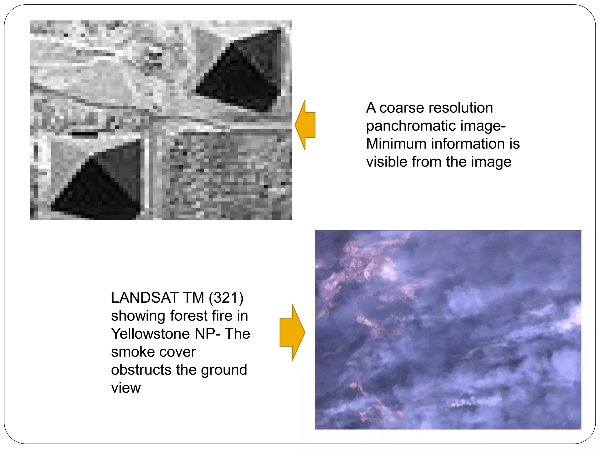 A coarse resolution
panchromatic image-
Minimum information is
visible from the image
LANDSAT TM (321)
showing forest fire in
Yellowstone NP- The
smoke cover
obstructs the ground
view
 